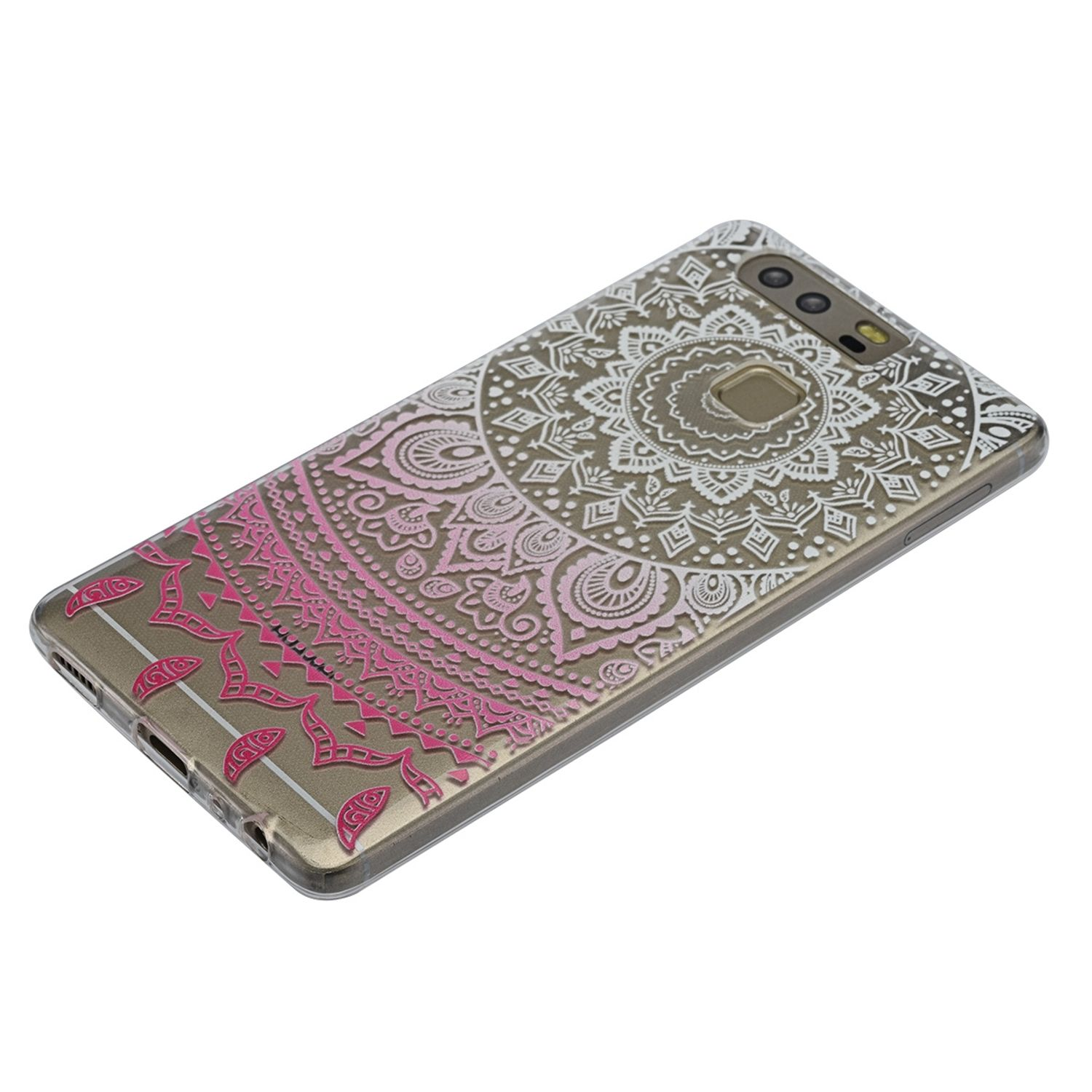 Handyhülle mit goldenem Hintergrund, detaillierten weißen und rosa Mandala-Mustern, transparentem Design.