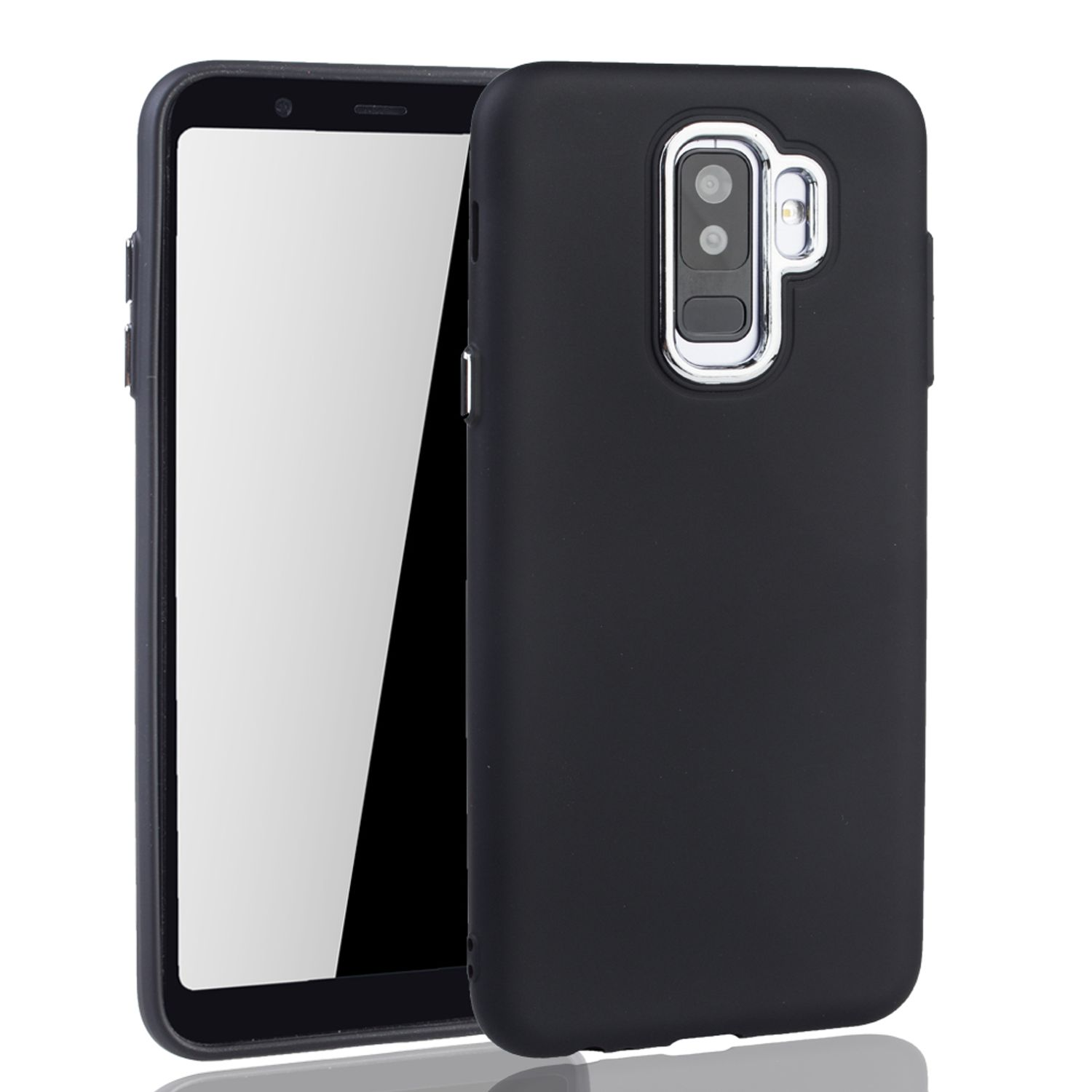 Ein schwarzes Telefon mit weißem Bildschirm und einer schwarzen Hülle mit Chrom-Kameraring.