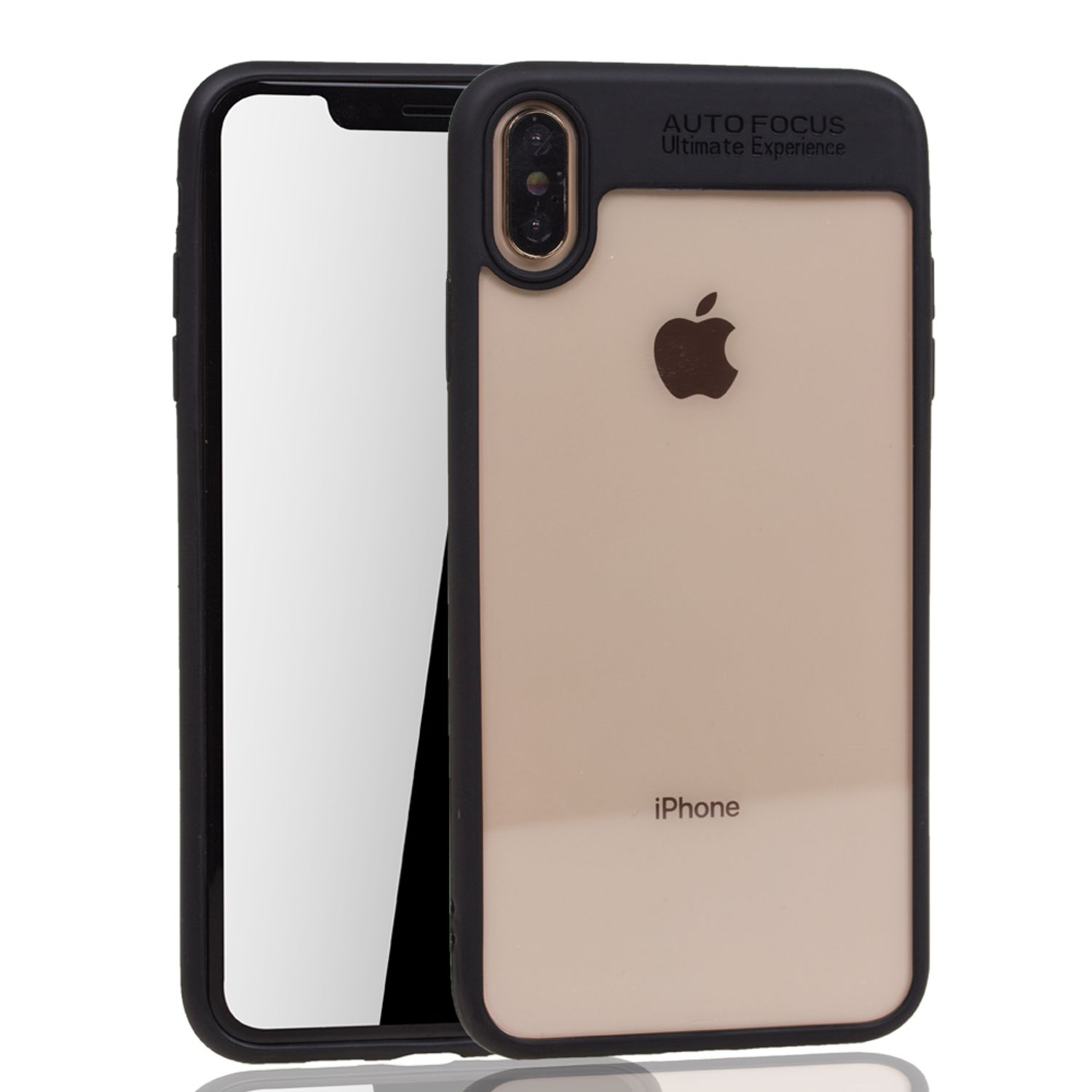 Eine schwarze iPhone-Hülle mit transparentem Rücken. Auf der Hülle steht 'AUTO FOCUS'.