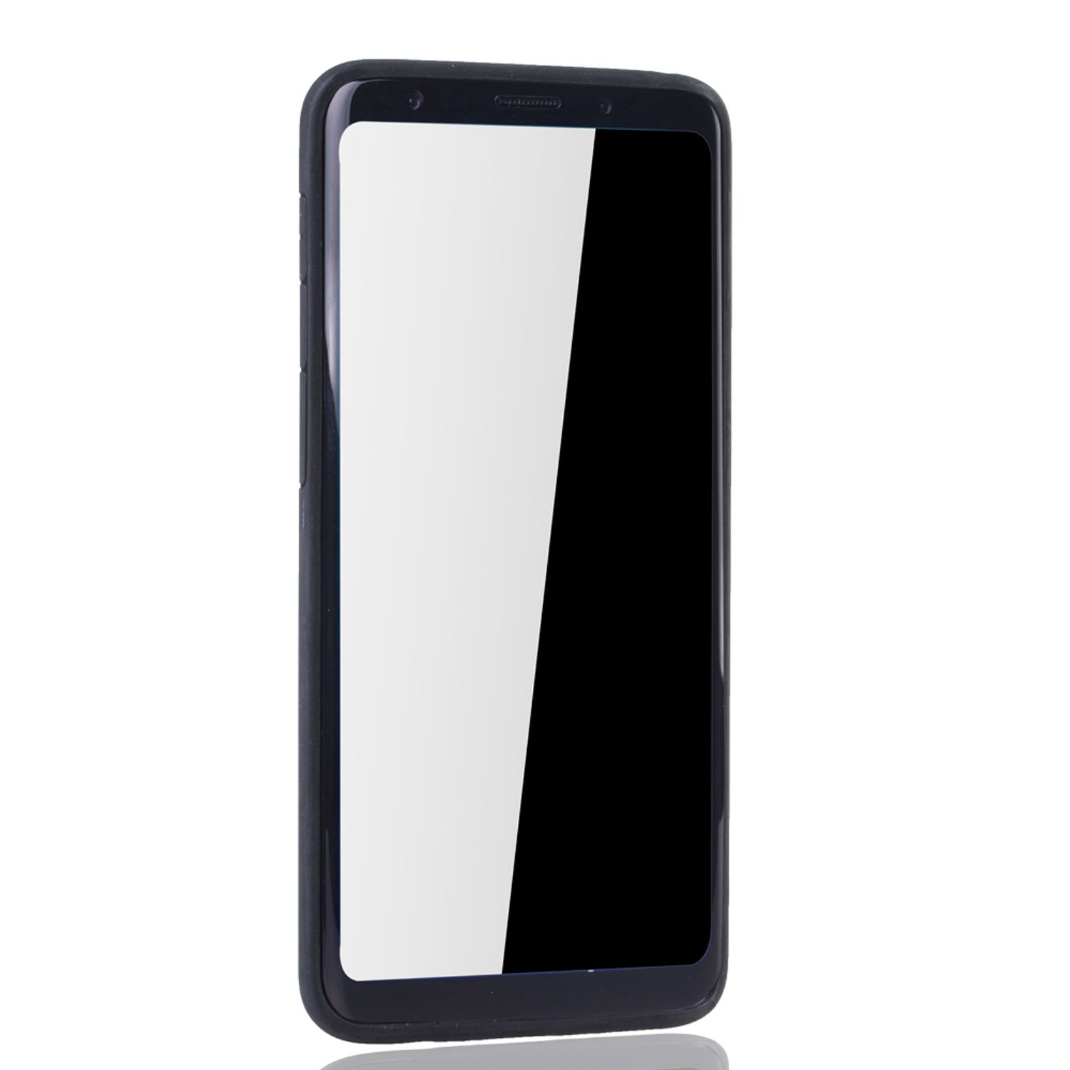 Ein schwarzes Smartphone mit weißem Bildschirm. Der Bildschirm ist an und zeigt Weiß.