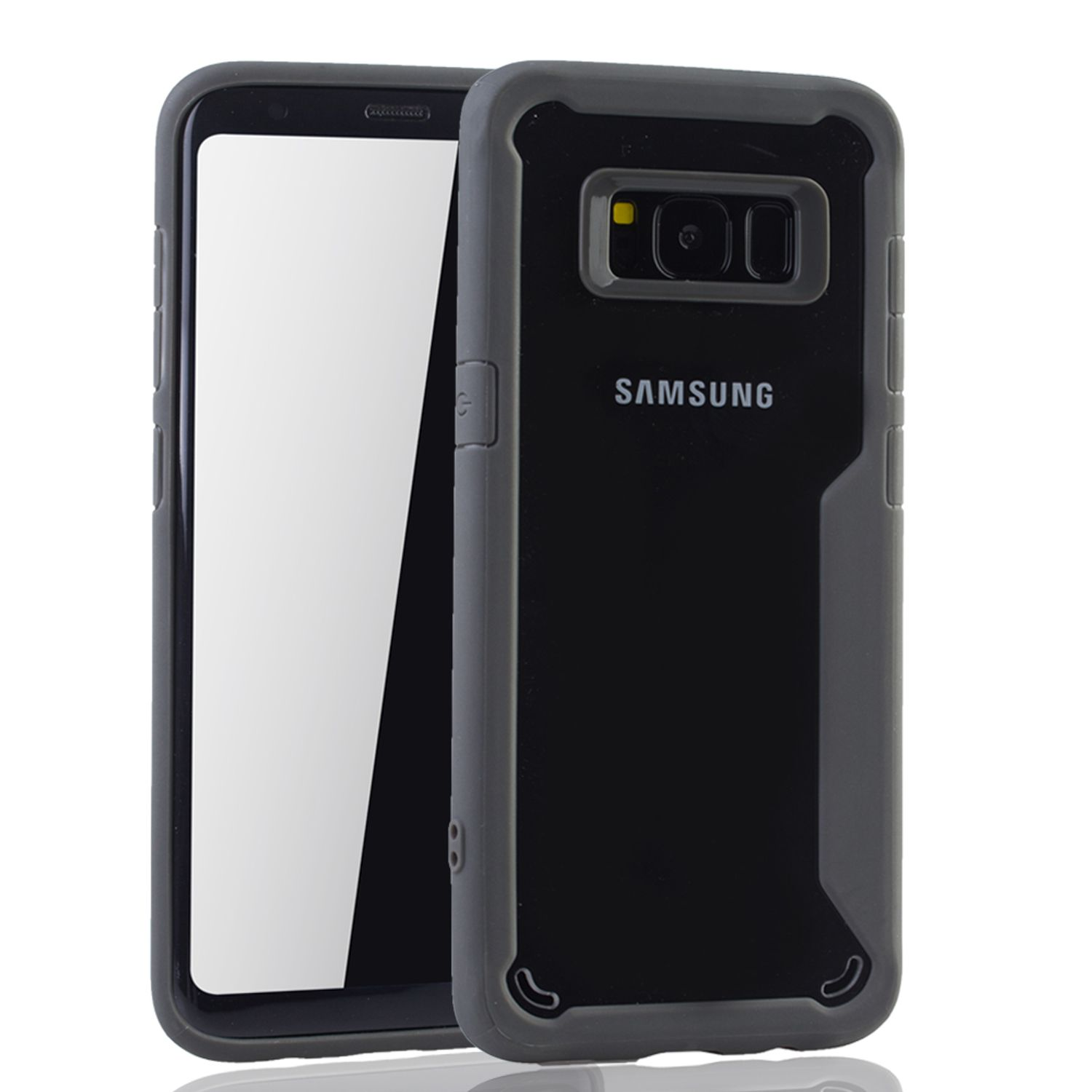 Ein graues und schwarzes Samsung-Smartphone in einer Schutzhülle. Der Bildschirm ist leer. Das Telefon ist auf weiß.