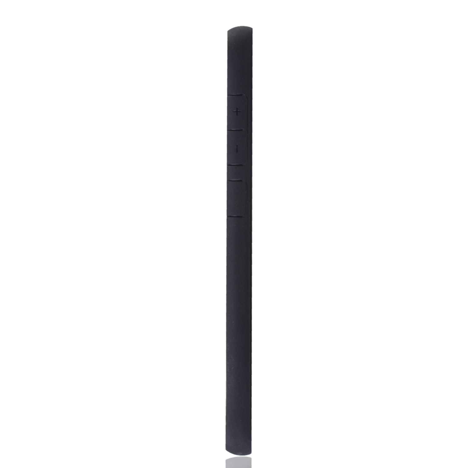 Seitenansicht einer schwarzen Handyhülle mit Knöpfen und einem glatten Design.