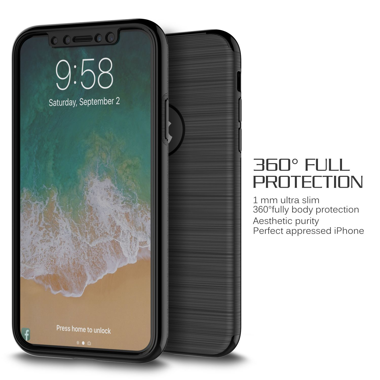 Zwei Telefone mit schwarzen Hüllen. Eines zeigt den Bildschirm. Text und Bilder über 360° Vollschutz.