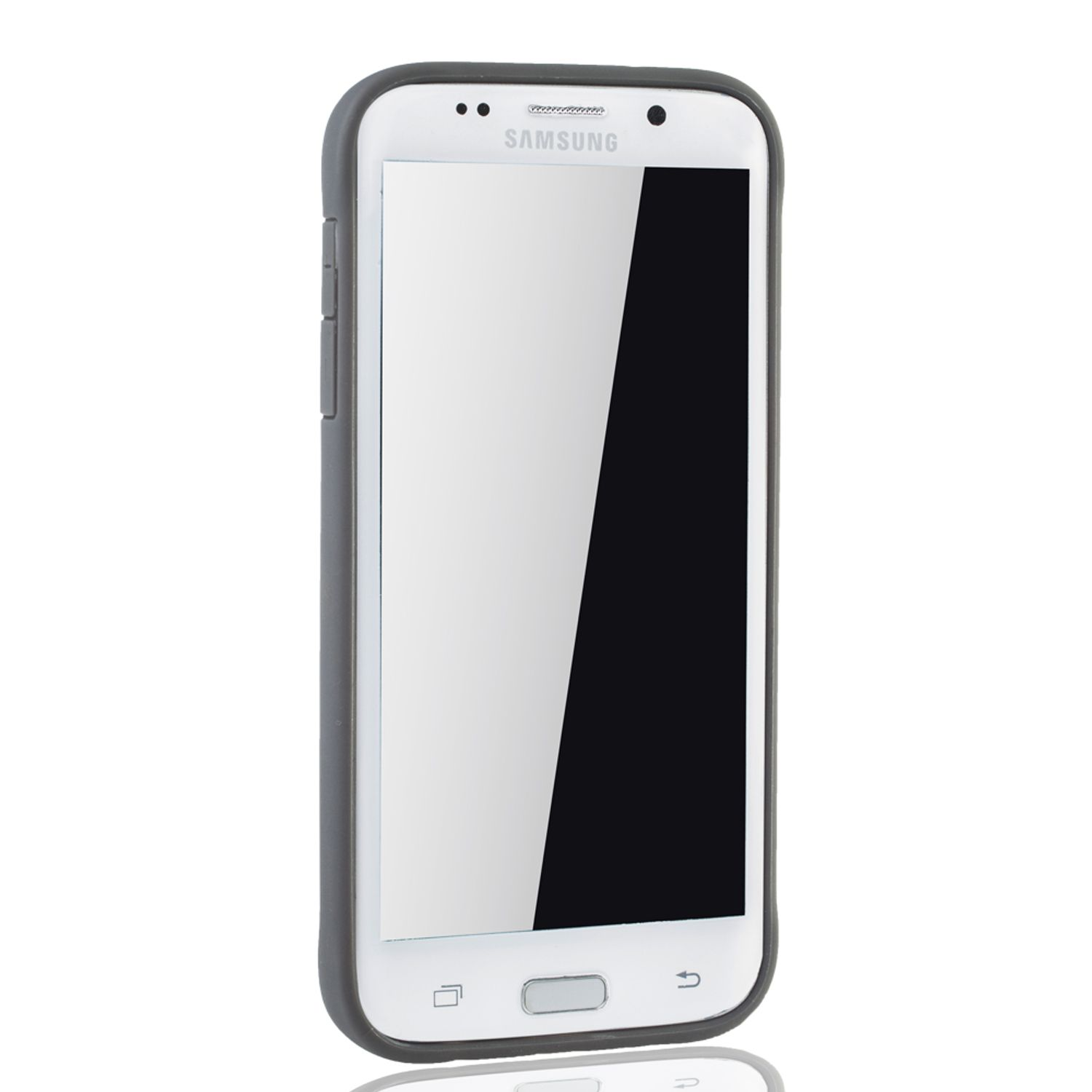 Weißes Telefon in grauem Gehäuse. Der Bildschirm ist an. Weißer Hintergrund.
