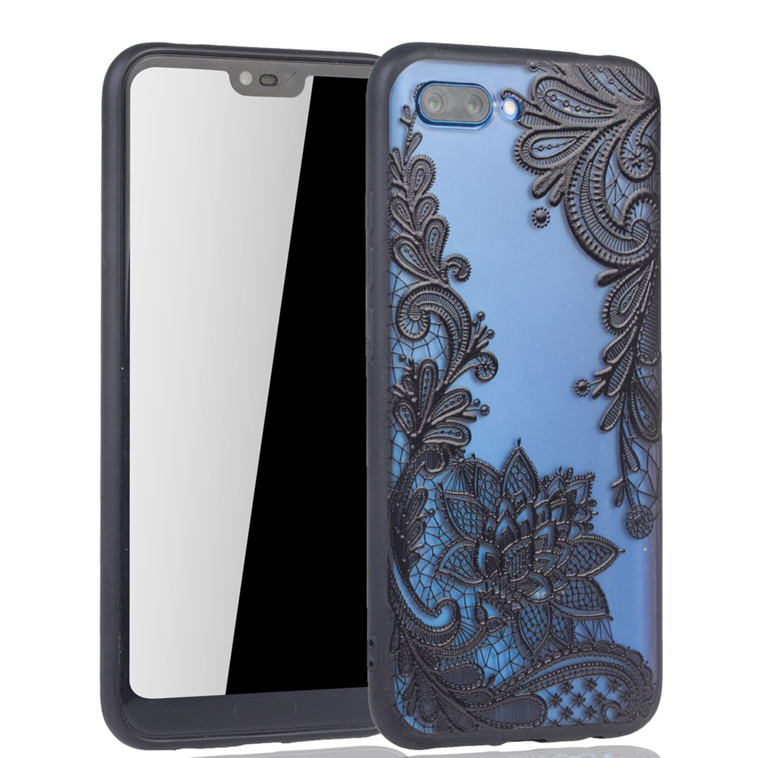 Telefon mit blauer Hülle mit schwarzem Spitzendesign, weißer Hintergrund.
