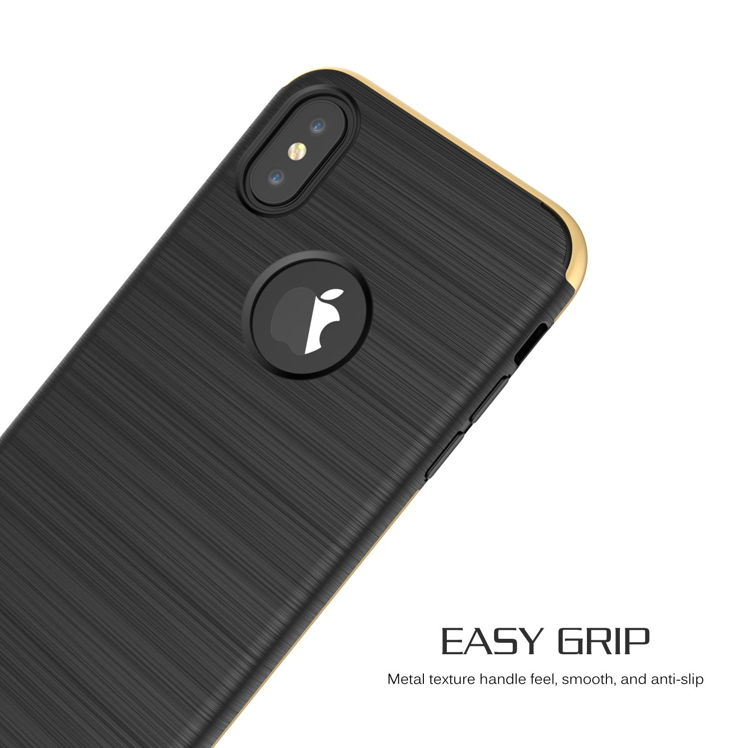 Eine schwarze Handyhülle mit goldfarbenem Rand und gebürsteter Metallstruktur. Das Apple-Logo ist sichtbar. Text sagt 'EASY GRIP'.