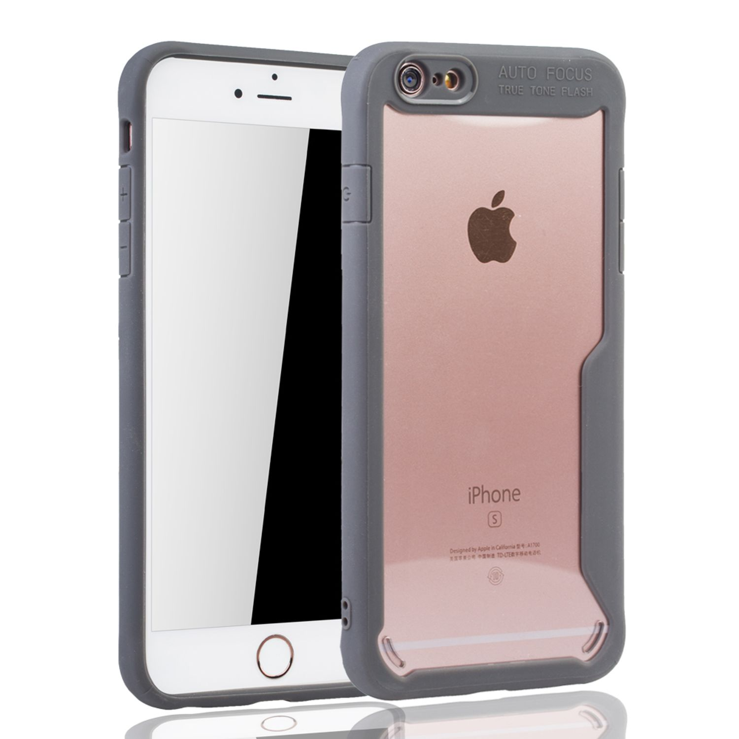 Ein iPhone in einem grauen Gehäuse mit durchsichtigem Rücken, pinkfarbenem Apple-Logo und Text: iPhone S.