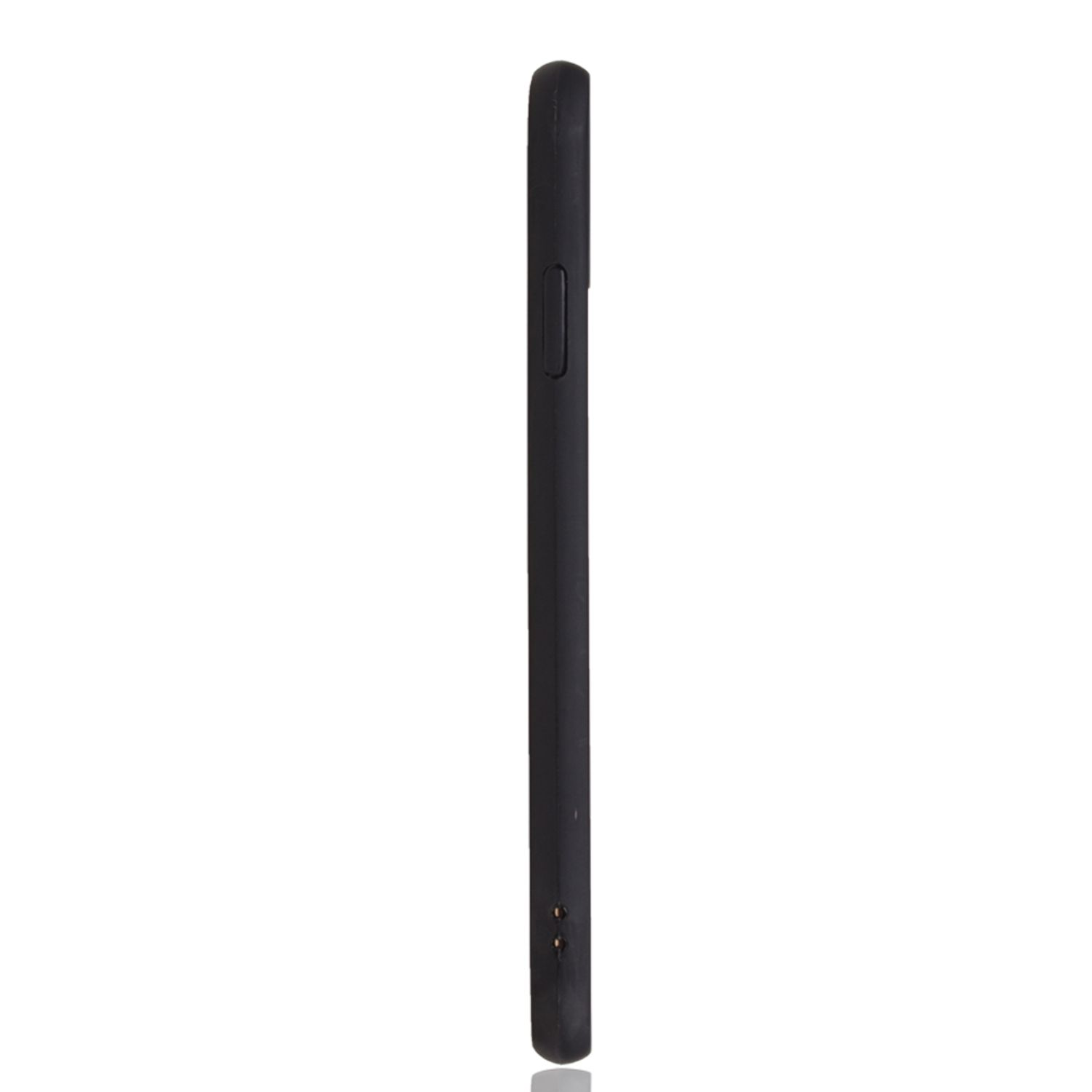 Schwarze Handyhülle, Seitenansicht. Zeigt die Seite mit Tasten. Einfach, mit glänzendem Finish.