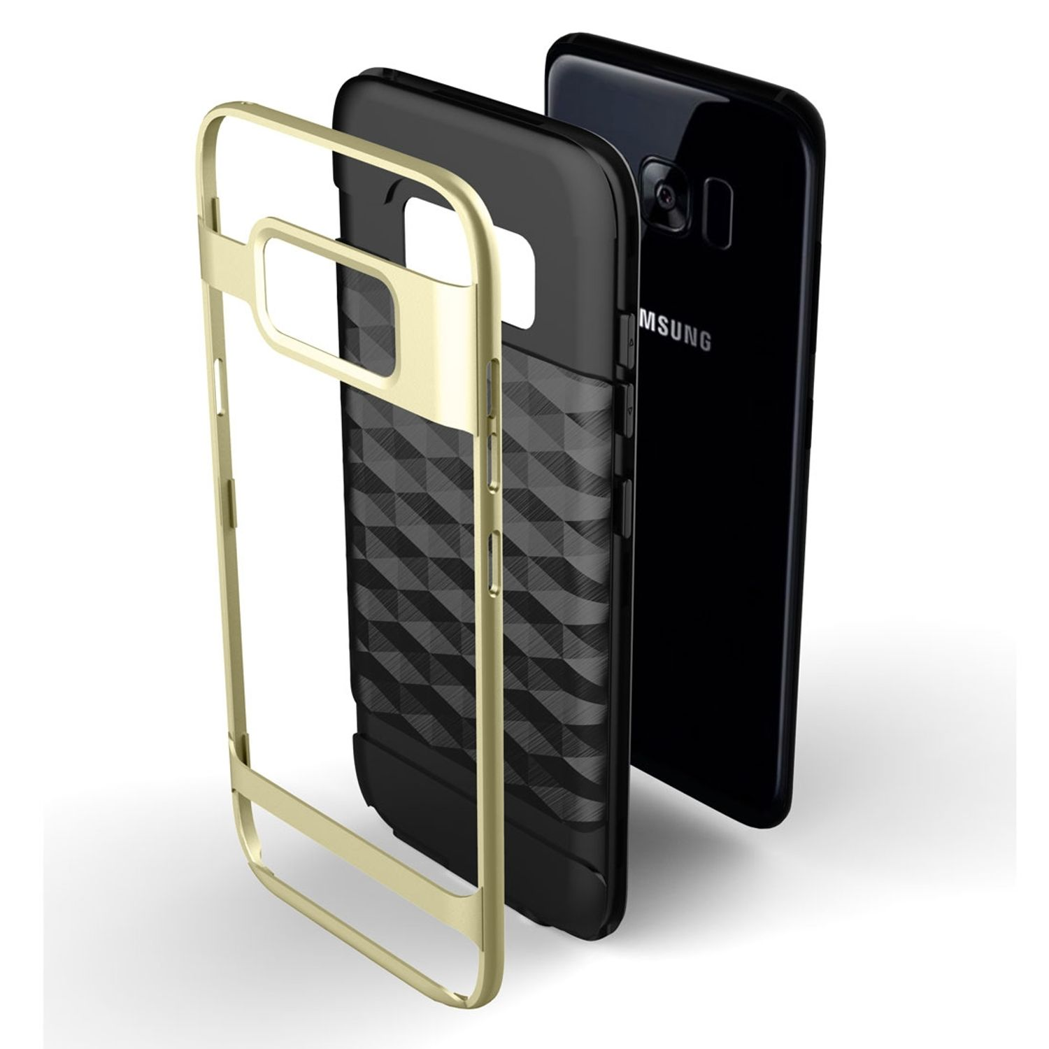 Smartphone mit goldener und schwarzer Hülle, die Hülle ist in drei Teile geteilt.