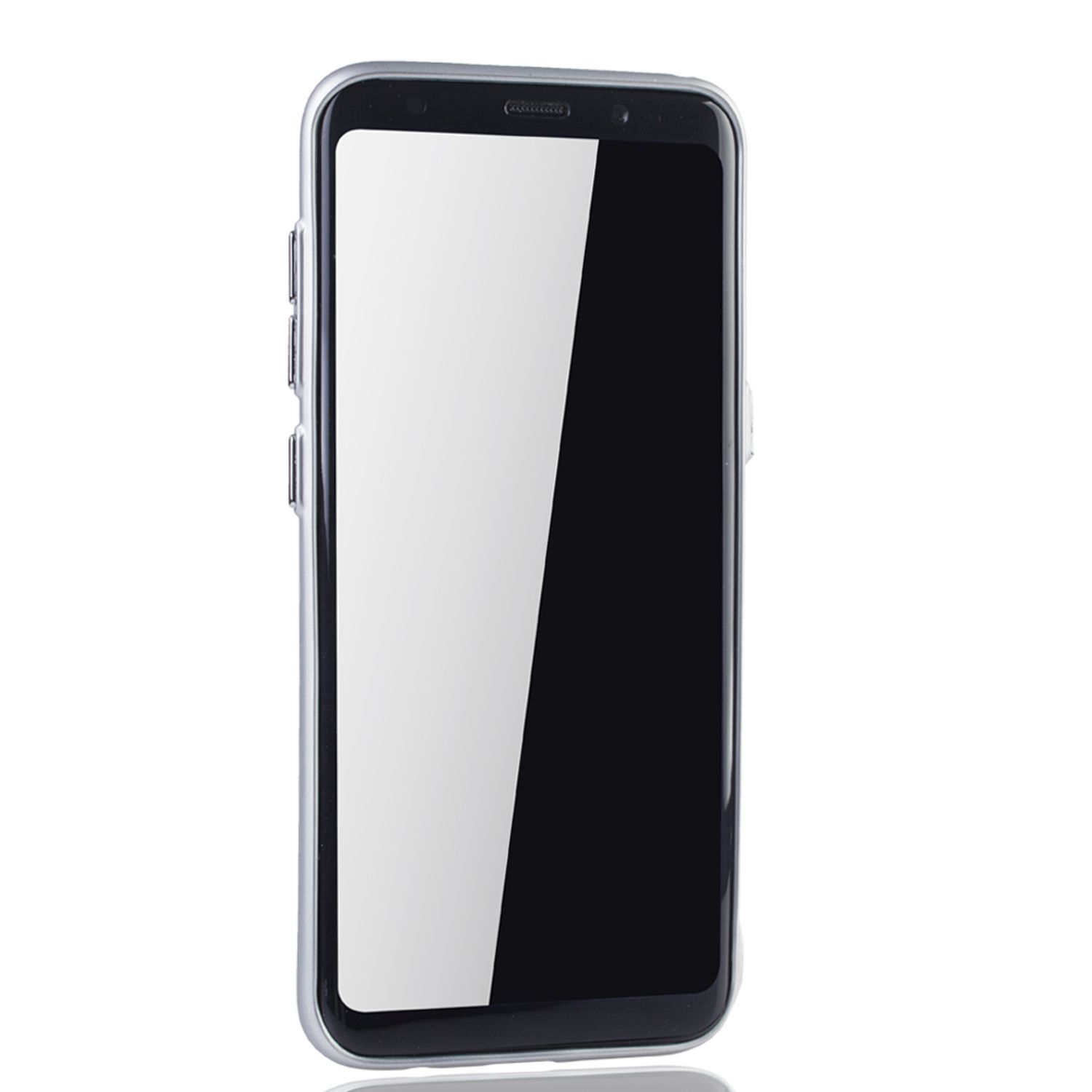Ein schwarzes Smartphone mit durchsichtiger Hülle, weißer Hintergrund.