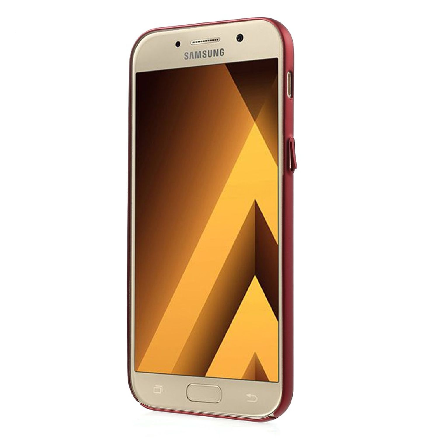 Ein gold-rotes Smartphone. Das Telefon ist ein Samsung-Modell mit einem gebogenen Bildschirm.