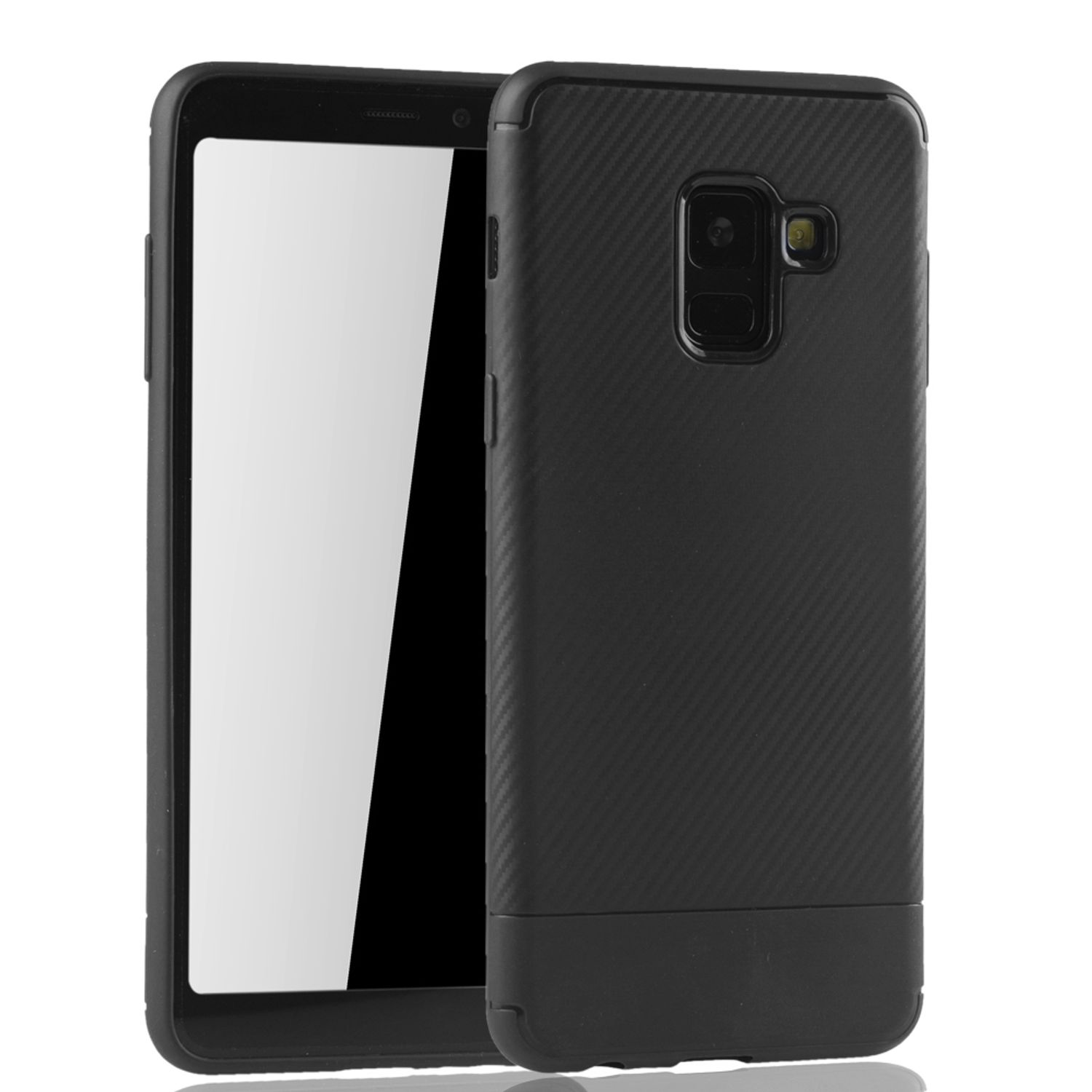 Schwarze Handyhülle mit strukturiertem Design. Der Bildschirm ist sichtbar.