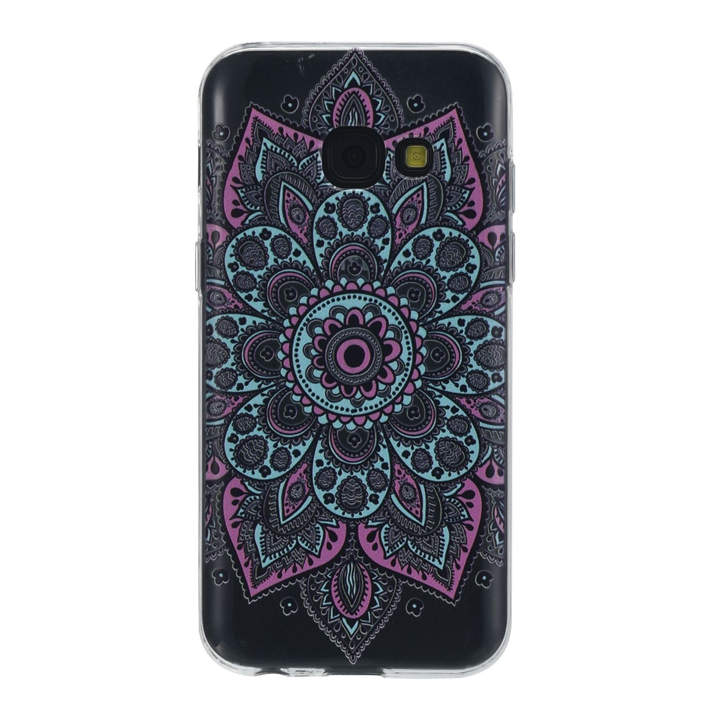 Eine schwarze Handyhülle mit einem lila und blauen Mandala-Design.