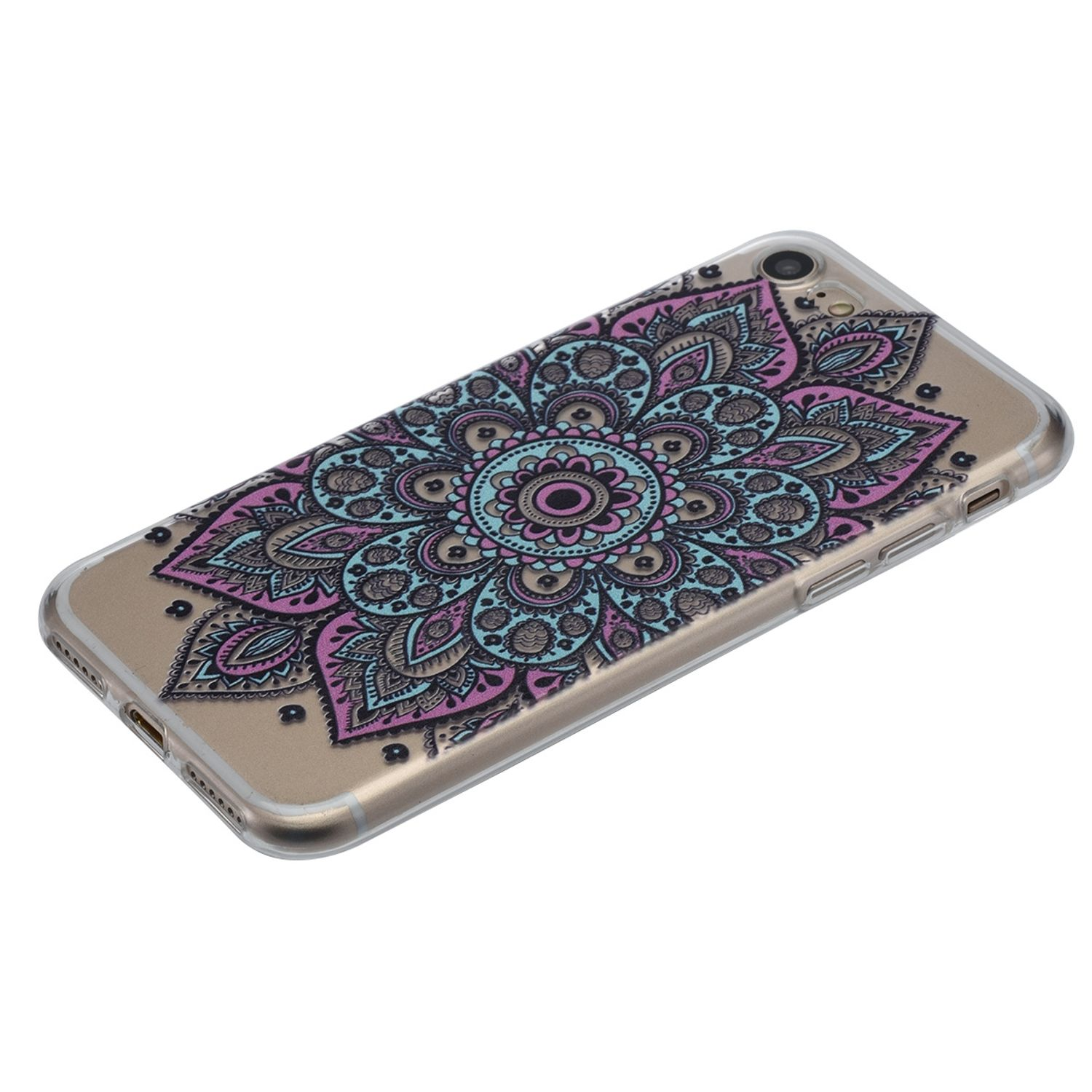 Eine Handyhülle mit buntem Mandala-Design auf klarem Hintergrund.
