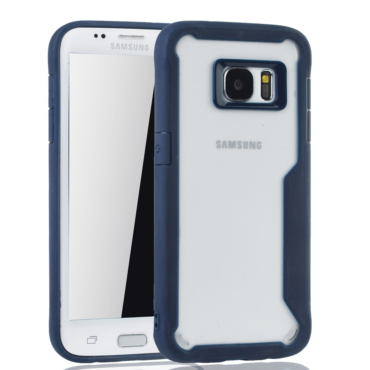 Weißes Samsung-Telefon in einer blau-transparenten Hülle.
