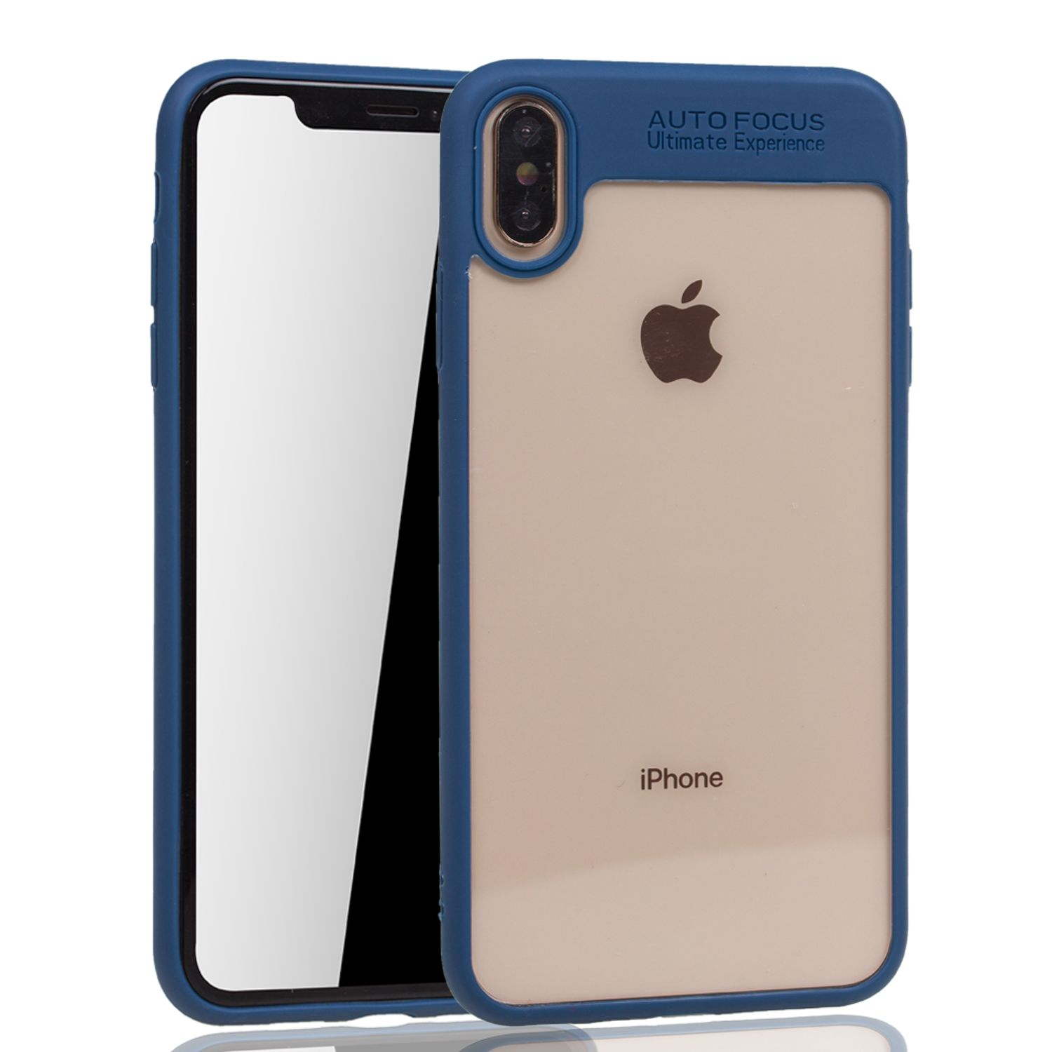 Blaue und transparente Handyhülle mit iPhone. Aufschrift: Autofokus, ultimative Erfahrung. Weißer Hintergrund.