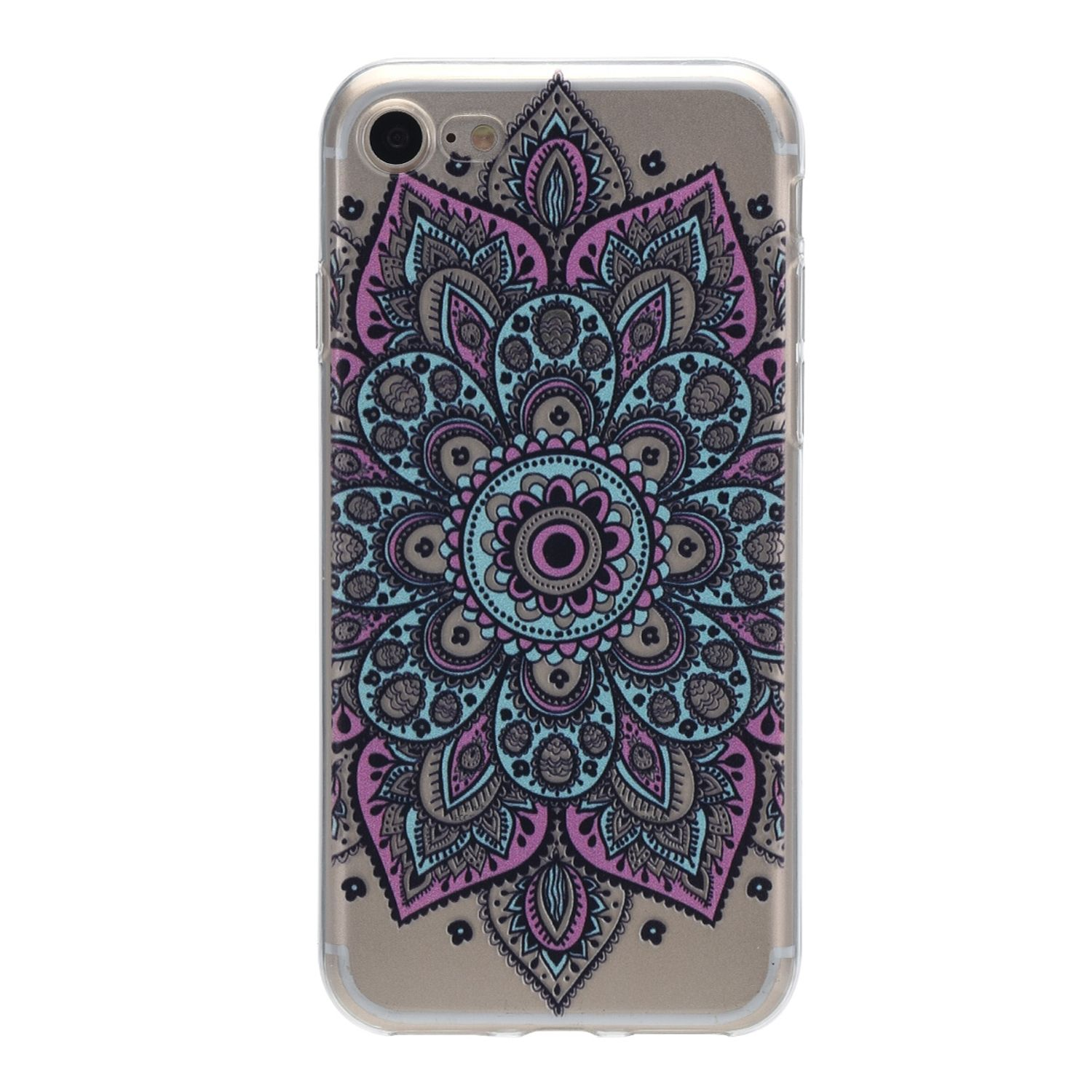 Transparente Handyhülle mit Mandala-Design in Rosa, Blau und Grau. Das Design ist auf der Hülle zentriert.