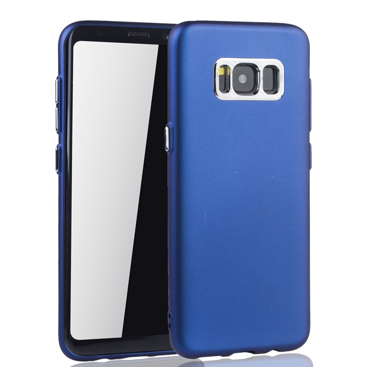 Blaue Handyhülle mit einem Telefon darin. Das Telefon hat eine Kamera und einen weißen Bildschirm.