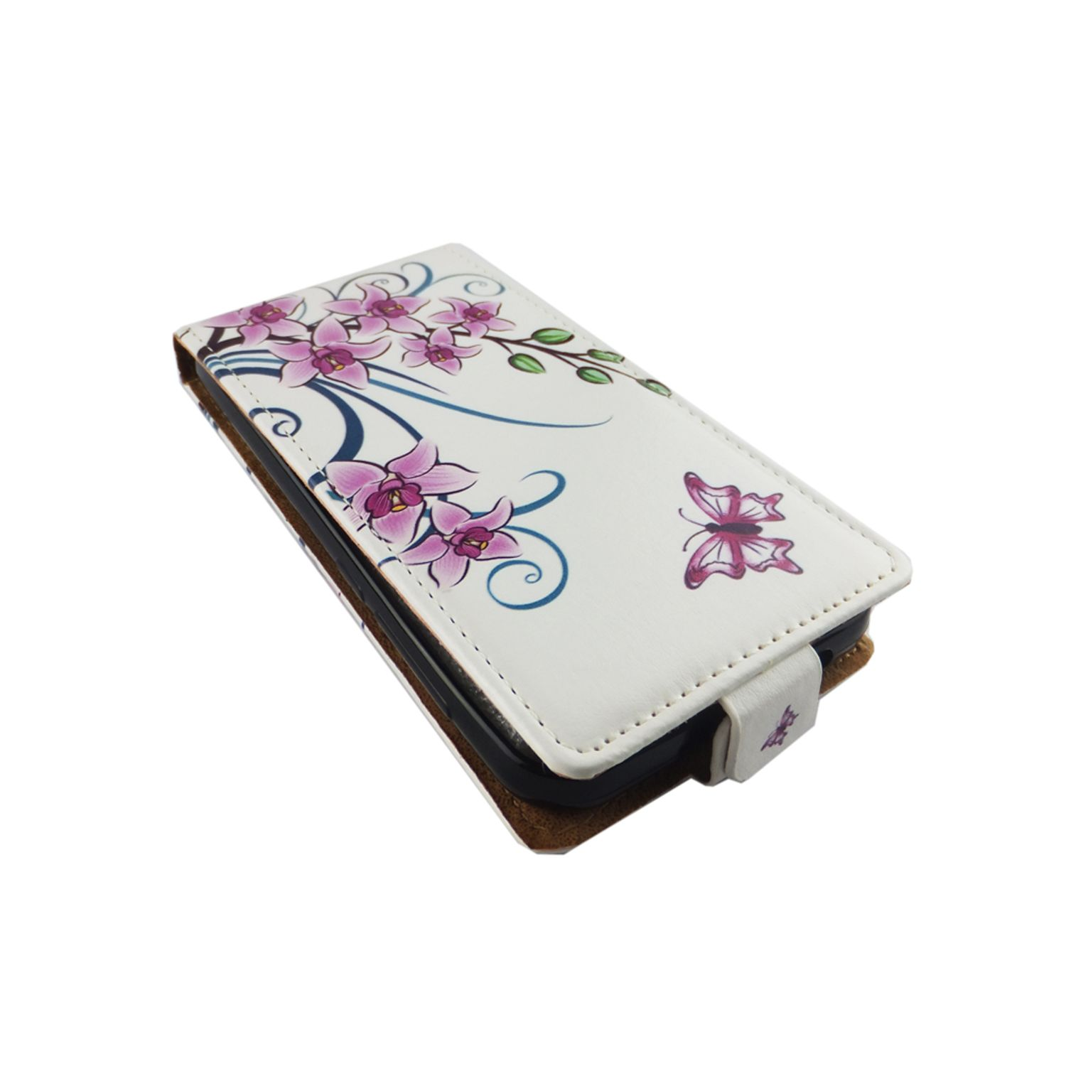Handyhülle mit rosa Blumen und Schmetterlingen, weißer Hintergrund. Die Hülle ist teilweise geöffnet.
