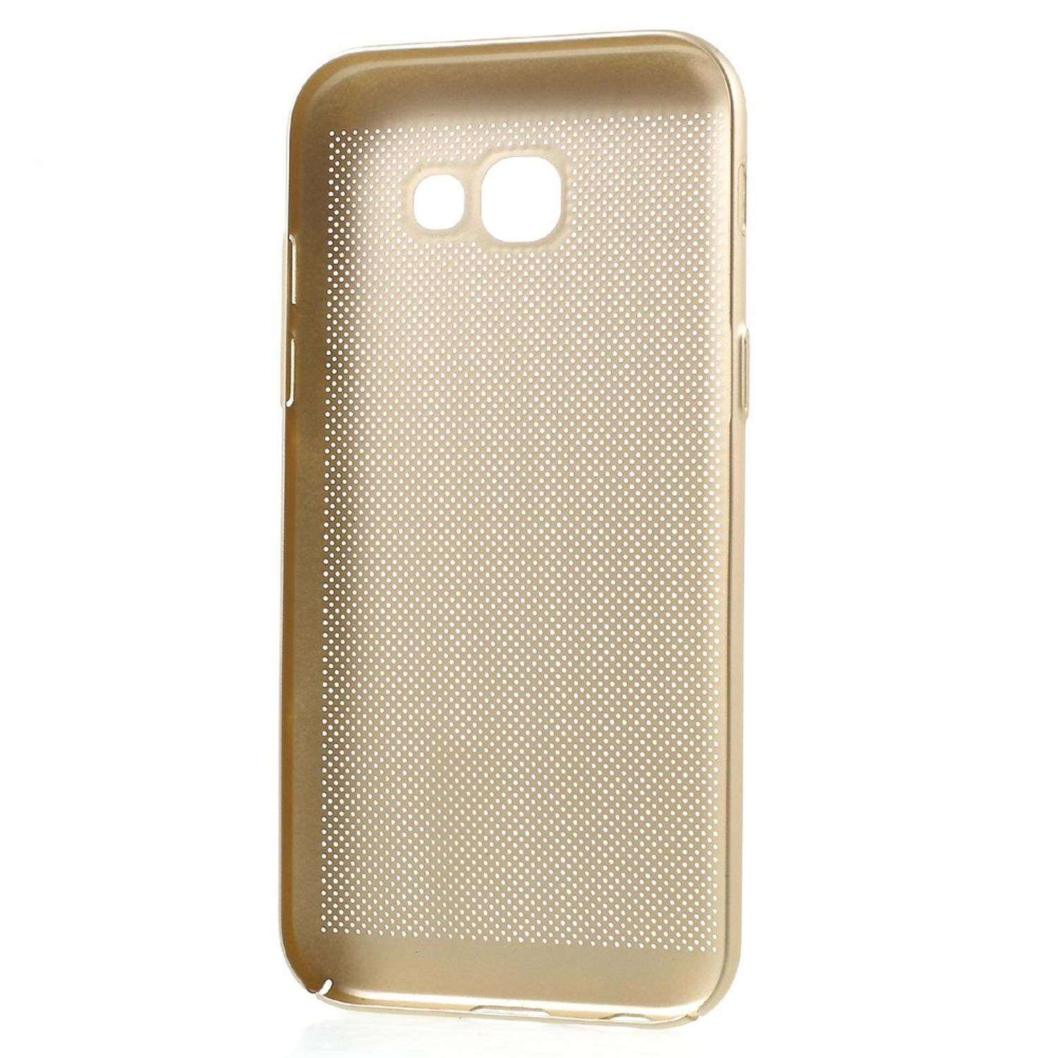 Goldene Handyhülle mit Löchern. Perforiertes Design, schlichter Hintergrund.