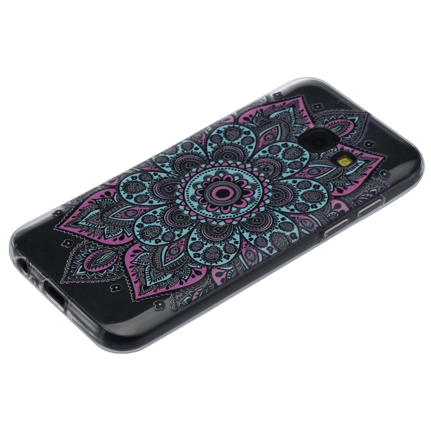 Eine Handyhülle mit einem Mandala-Design. Das Design hat rosa, blaue und schwarze Farben.