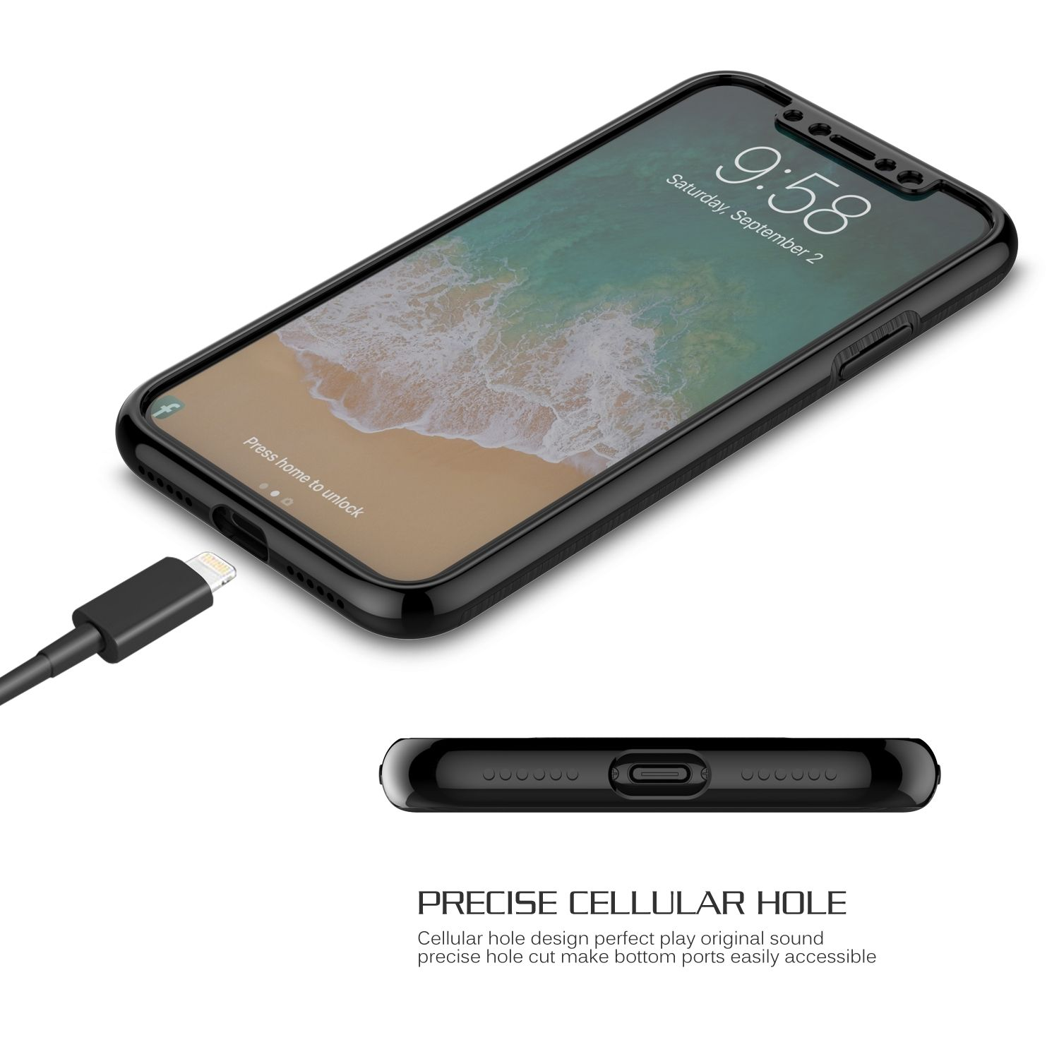 Schwarze Handyhülle mit Ladekabel. Telefonbildschirm an.