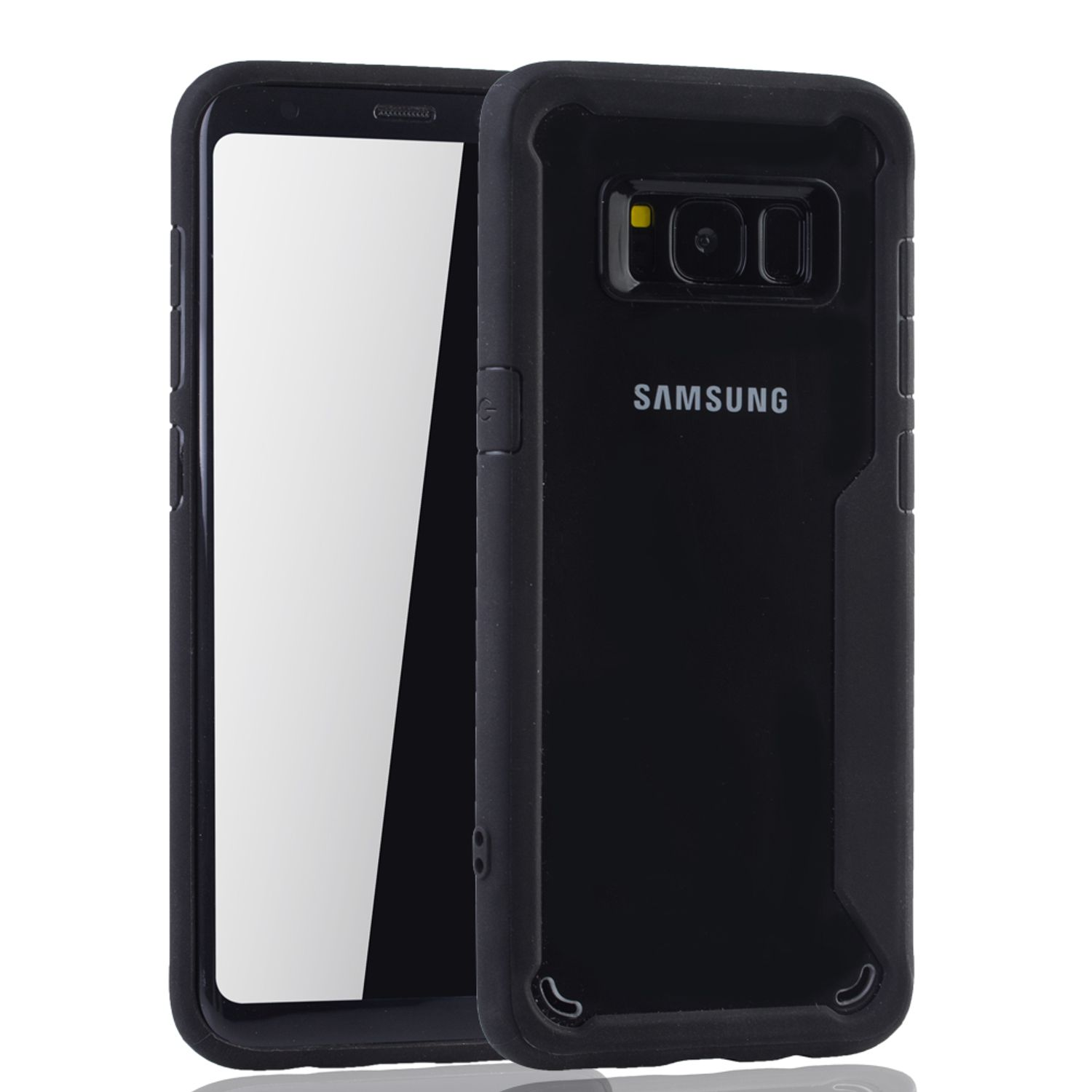 Eine schwarze Handyhülle mit einem Telefon darin, mit dem Samsung-Logo.