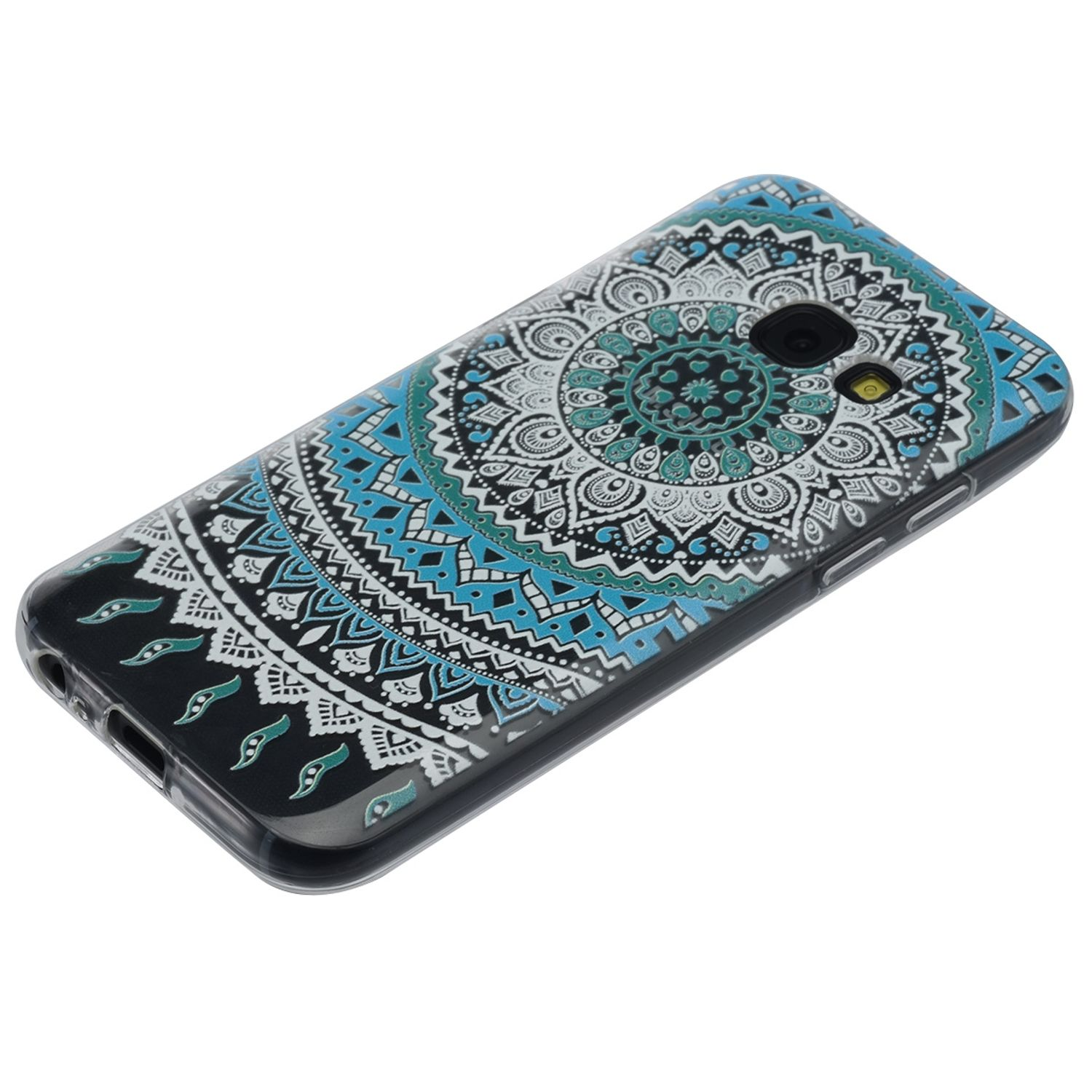 Telefonhülle mit blauem und weißem Mandala-Design. Es ist auf weißem Hintergrund.