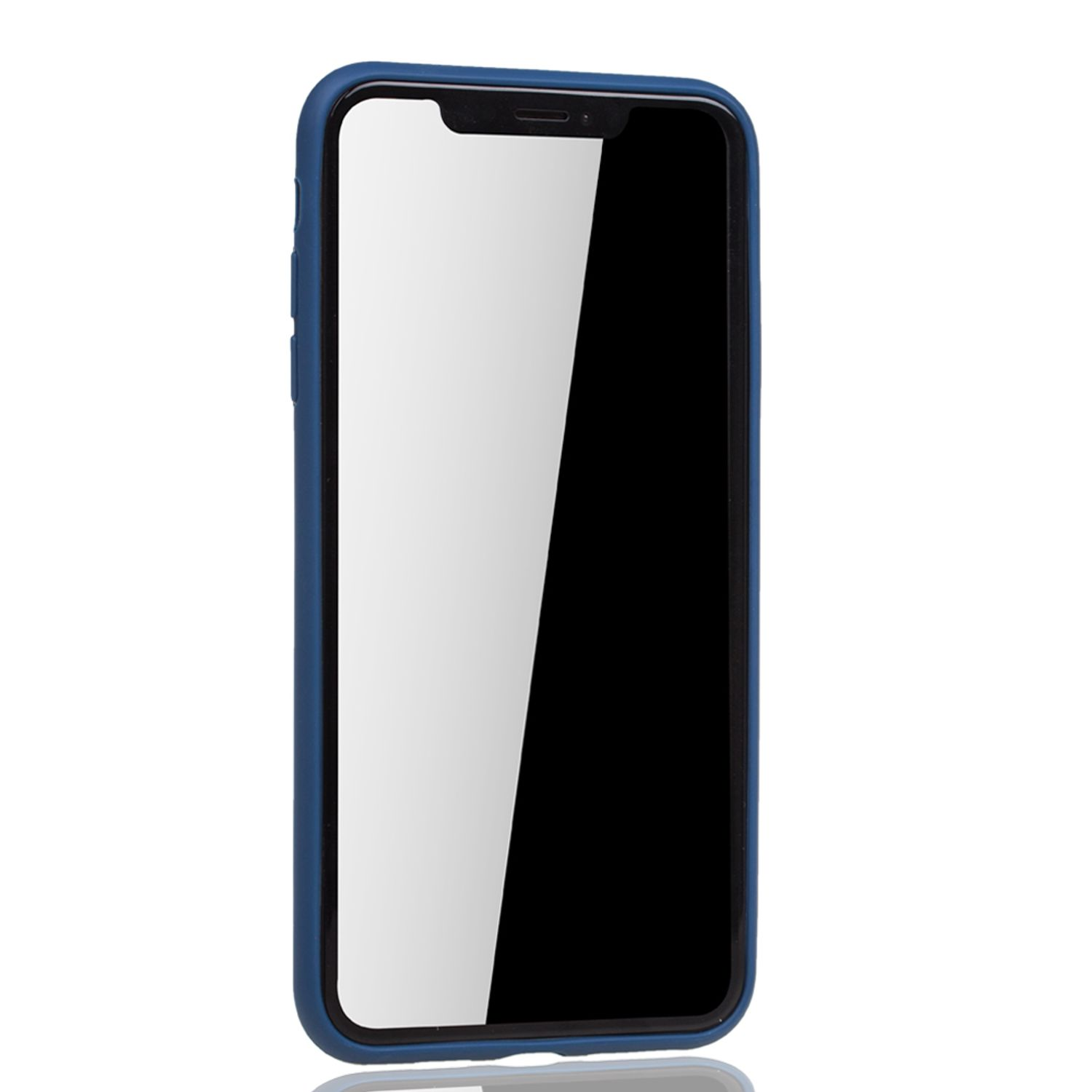 Blaue Handyhülle mit Glasscheibe, weißer Hintergrund.