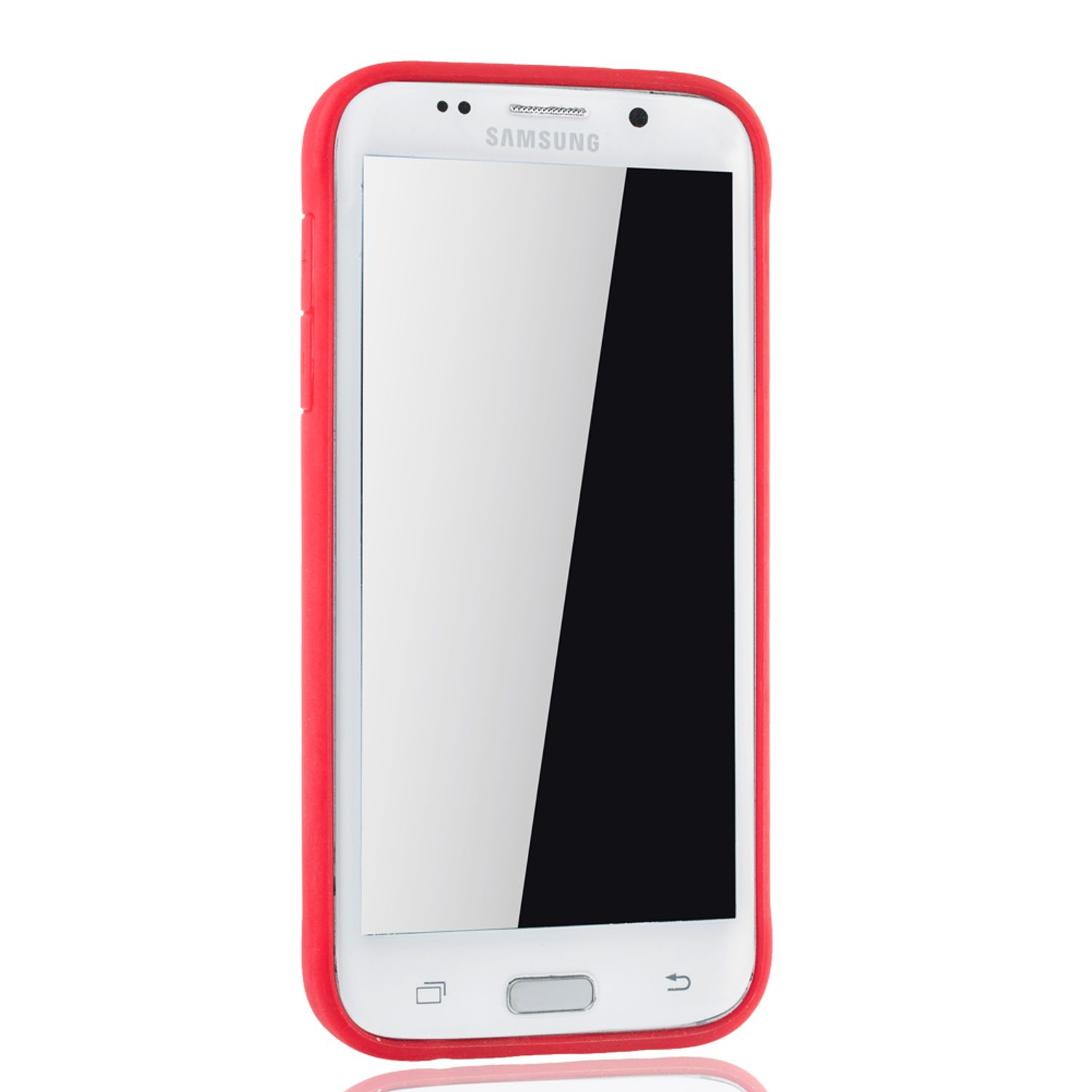 Ein weißes Smartphone mit roter Hülle. Der Bildschirm ist an und zeigt einen hellweißen Hintergrund.