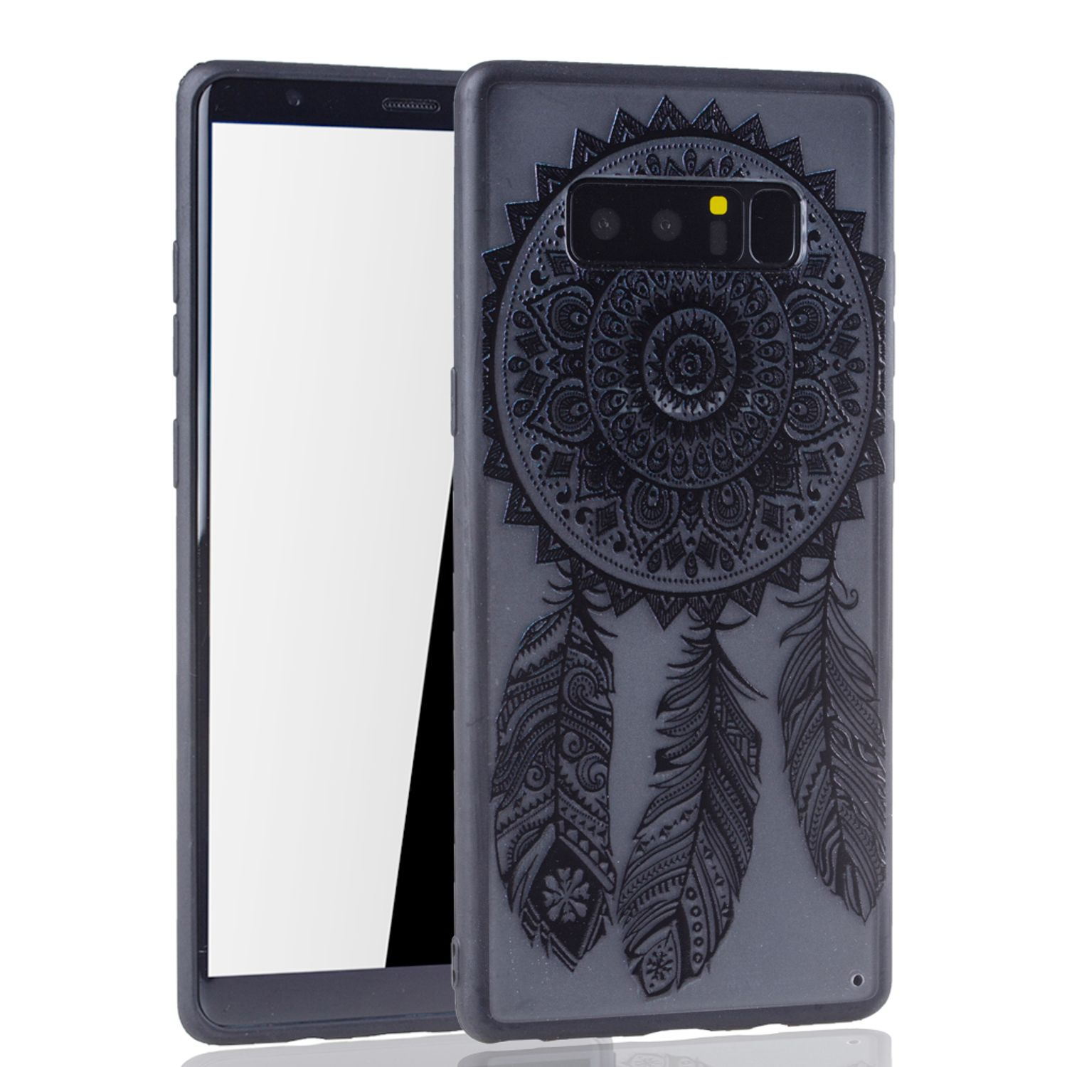 Schwarze Handyhülle mit Mandala-Design. Telefonbildschirm links.