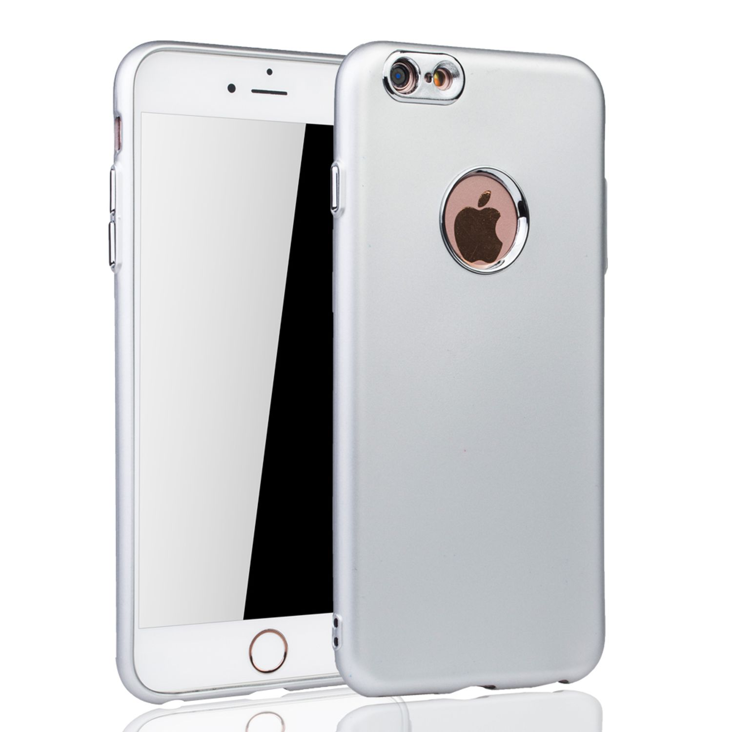 Silbernes Telefon und Hülle. Das Telefon zeigt einen schwarzen Bildschirm, mit Apple Logo.