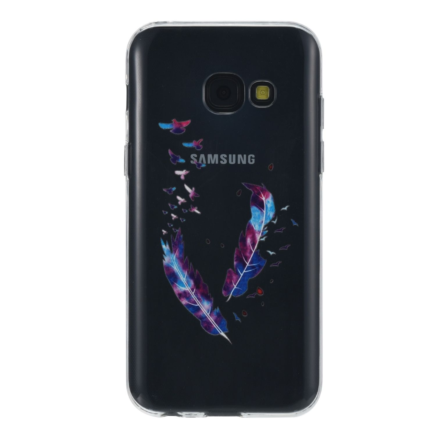 Schwarze Handyhülle mit Feder- und Vogeldesign auf einem schwarzen Telefon.