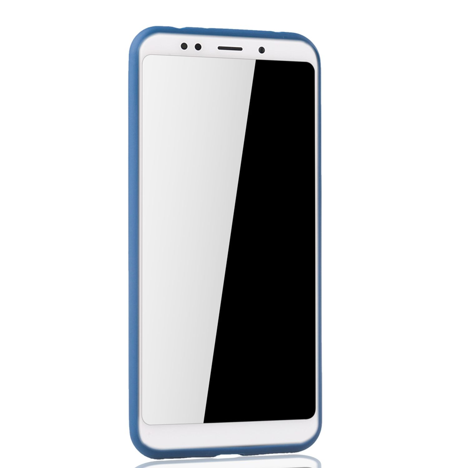 Smartphone in blauem Gehäuse, Vorderansicht. Bildschirm ist weiß mit schwarzem Bereich unten.
