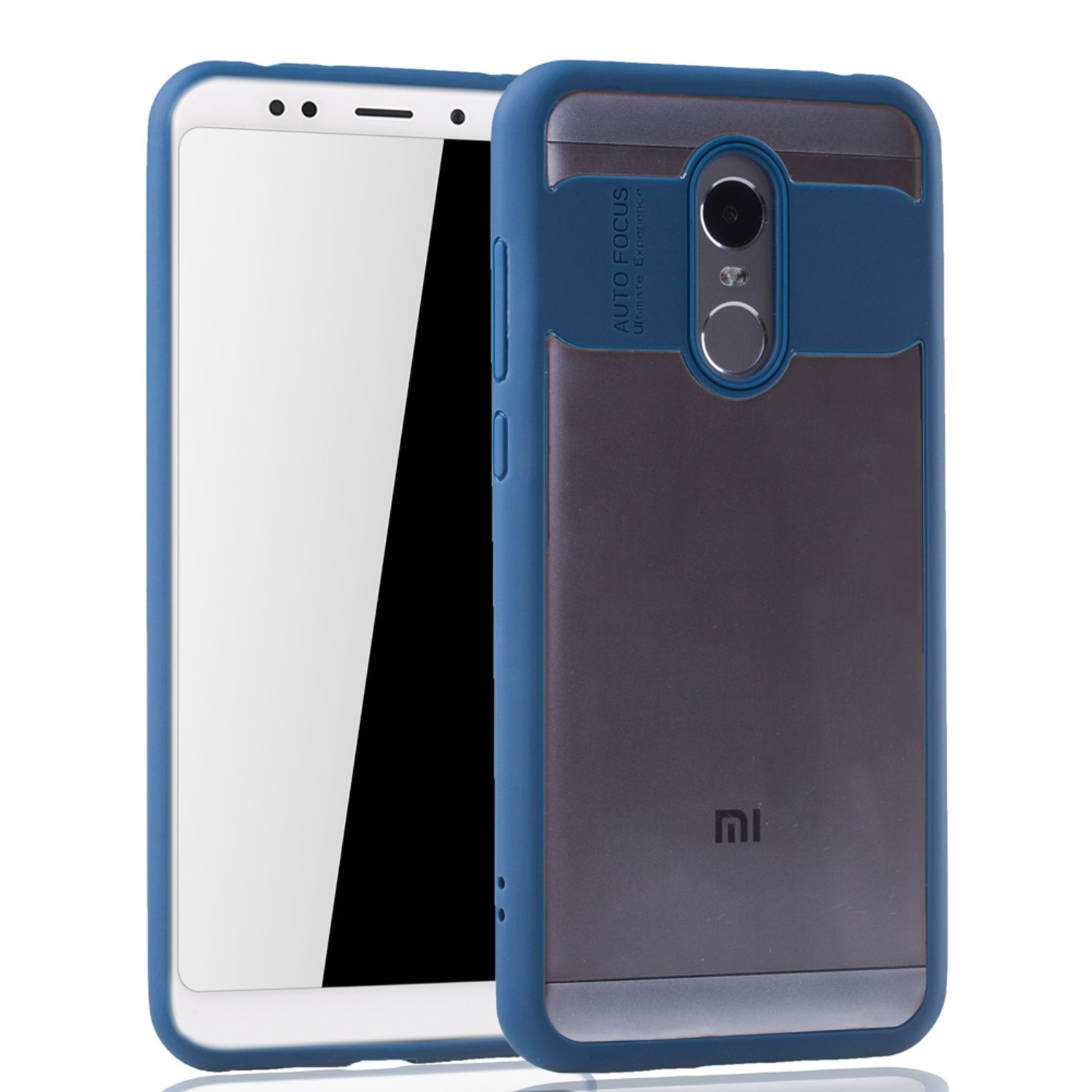 Smartphone mit blauem Gehäuse. Das Telefon hat eine Dual-Kamera und eine silberne Rückseite. Weißer Hintergrund.