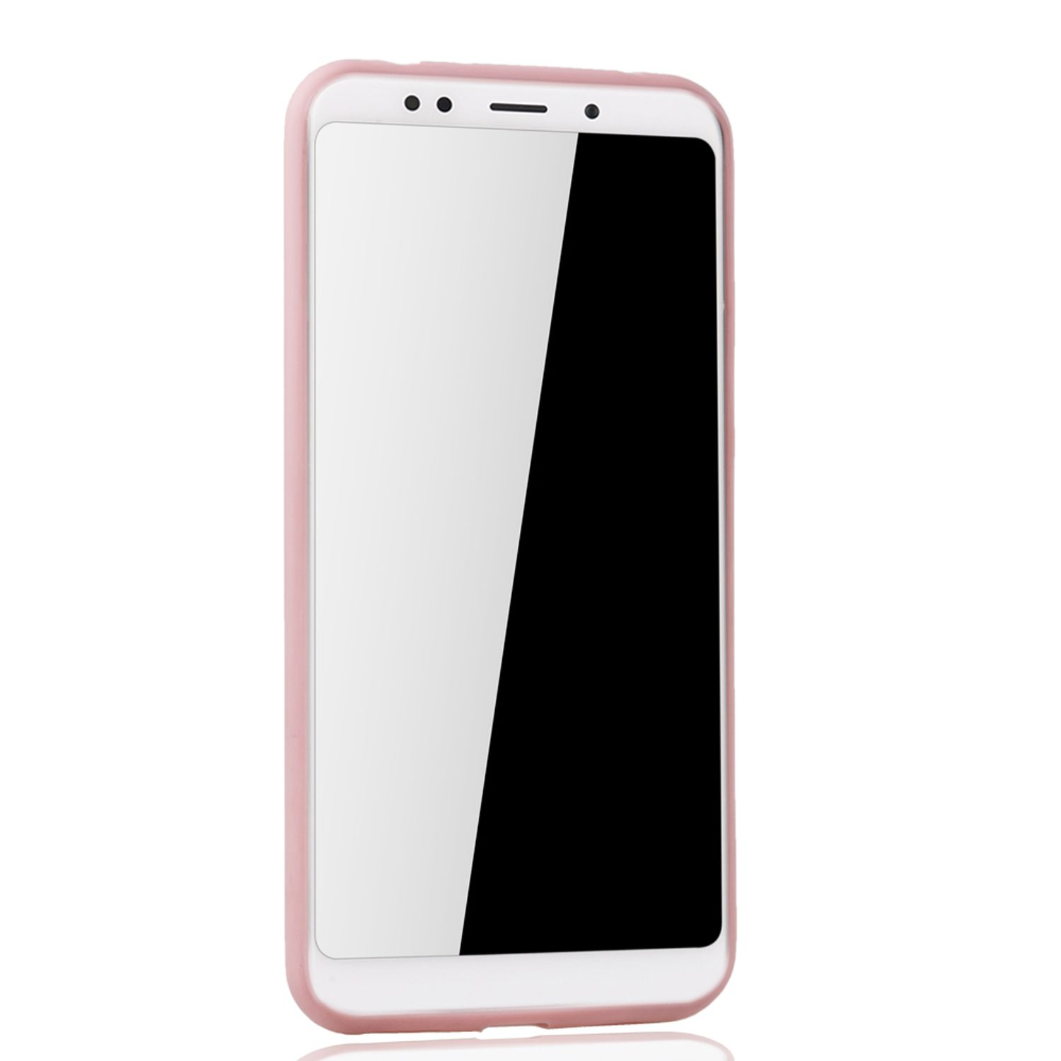 Rosa Smartphone in rosa Hülle, mit weißem Bildschirm und drei Frontkamera-Punkten.