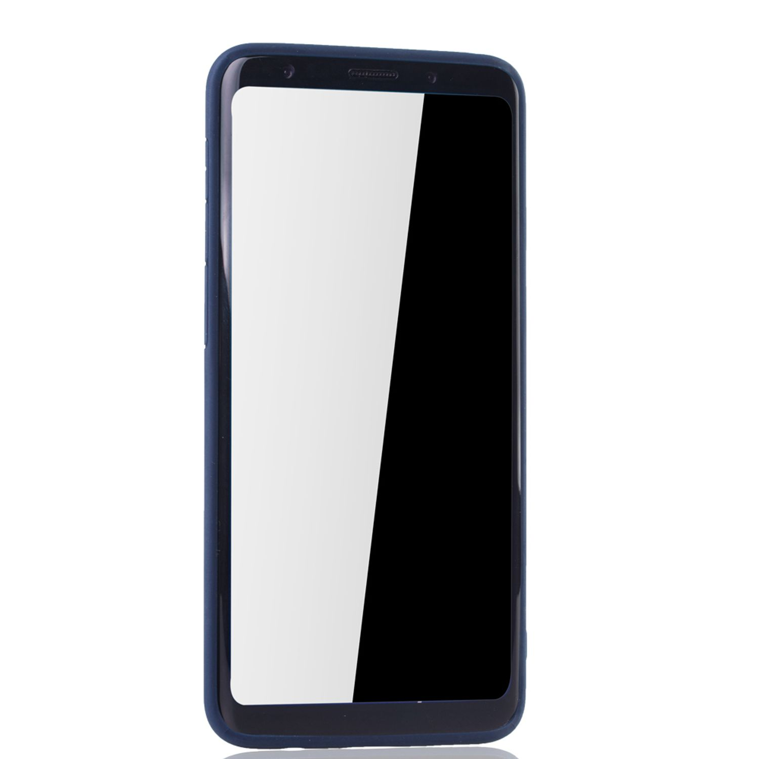 Blaues Telefon in einer Hülle, mit leerem schwarzen Bildschirm. Weißer Hintergrund.