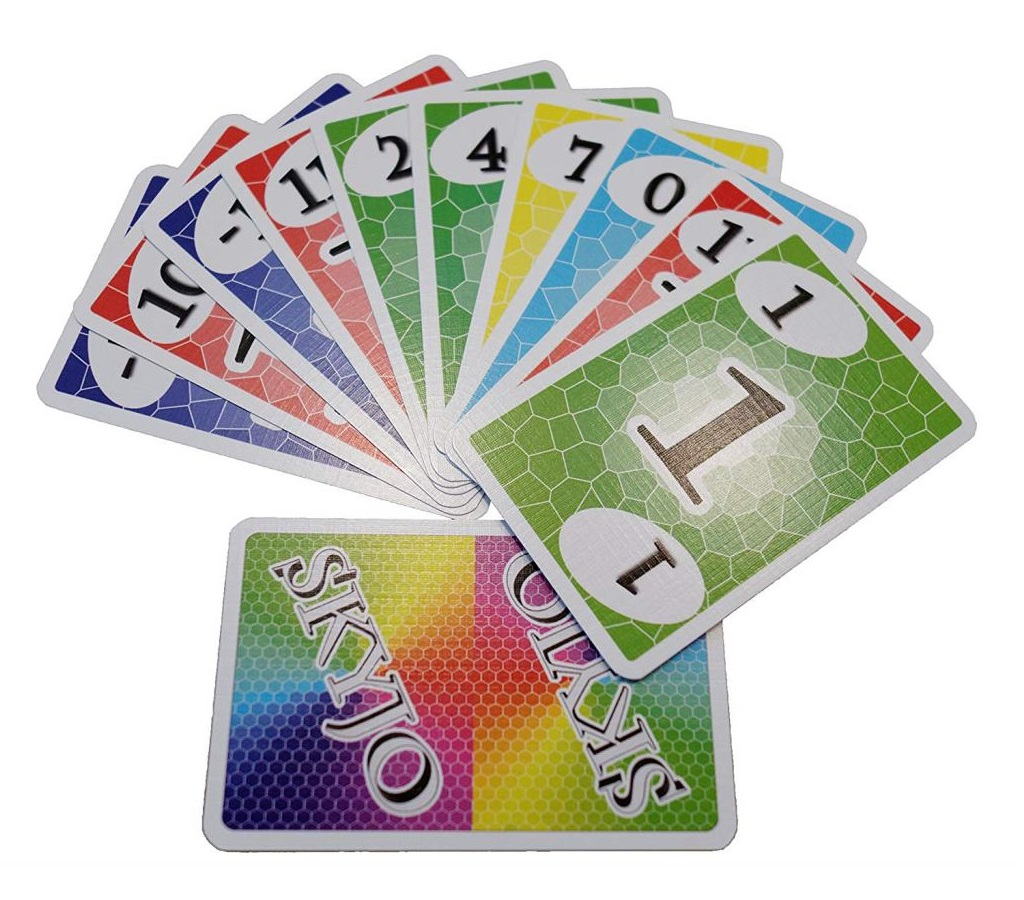 Wachlarz kolorowych kart do gry z liczbami i karta z napisem "SKYJO" pośrodku.