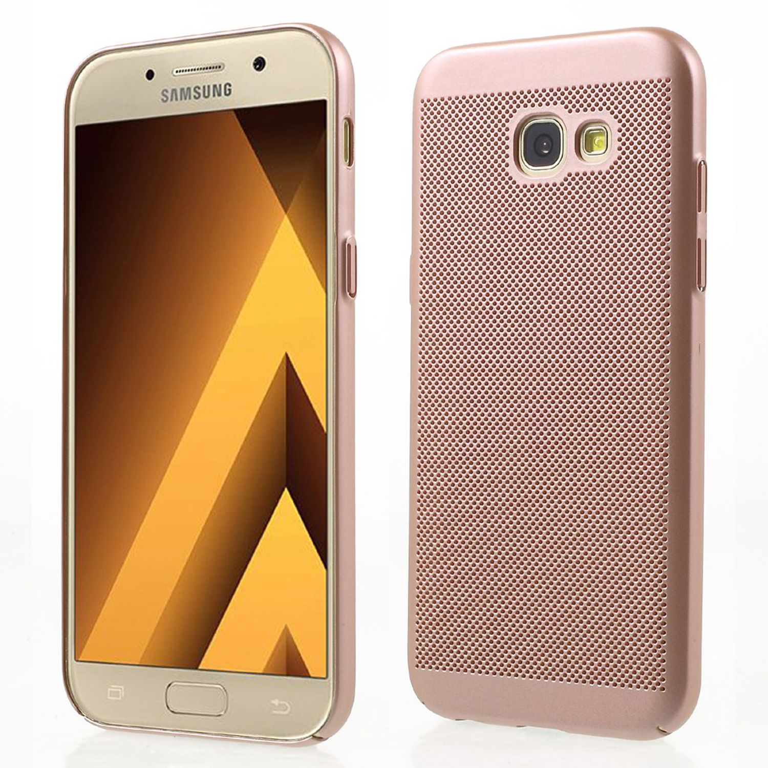 Roségoldenes Telefon und Hülle, mit Wabenmuster auf der Rückseite und Kamera.
