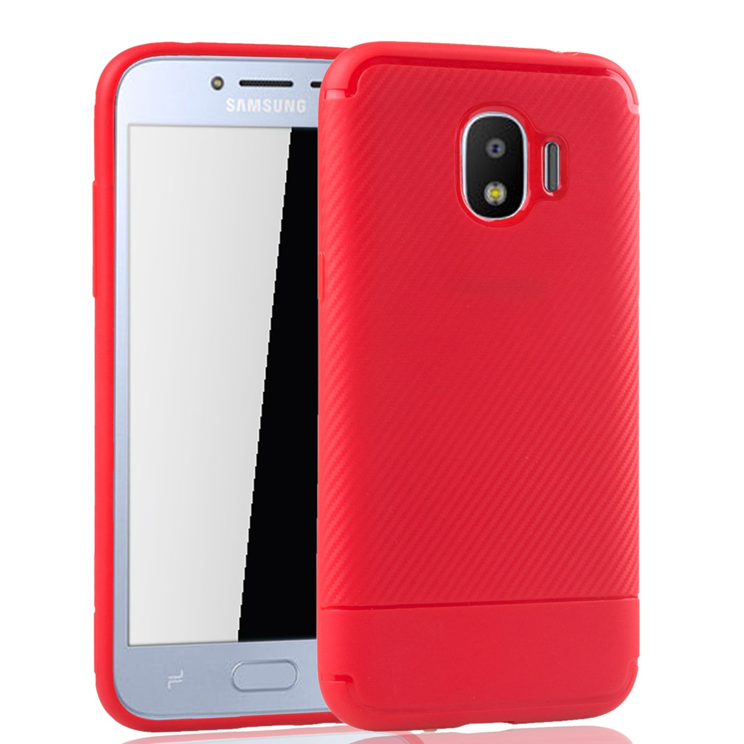 Eine rote Handyhülle auf einem weißen Samsung-Telefon. Die Hülle schützt das Telefon, Kamera und Tasten sichtbar.