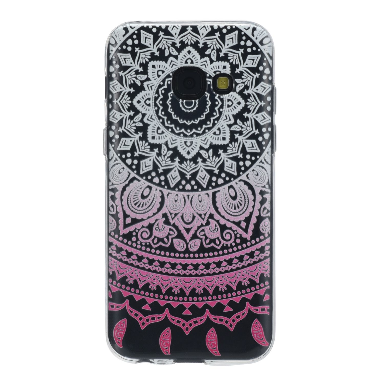 Schwarze Handyhülle mit weißem und pinkfarbenem Mandala-Design. Transparente Kunststoffhülle.