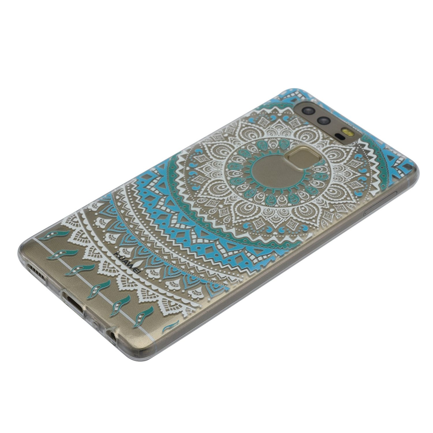 Handyhülle mit blauem und weißem Mandala-Design. Die Hülle liegt auf einer weißen Oberfläche.