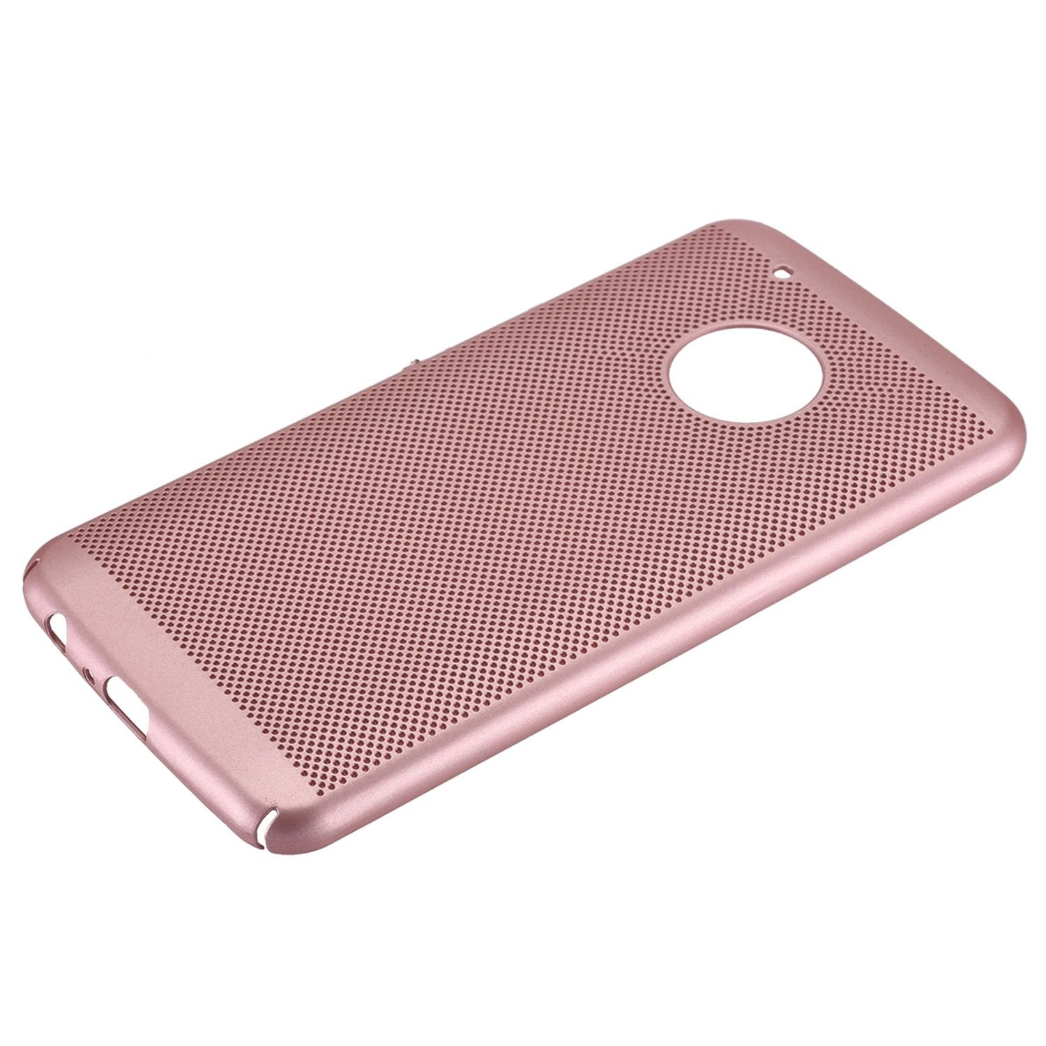Eine roségoldene Handyhülle mit perforiertem Design. Die Hülle hat ein Kameraloch.