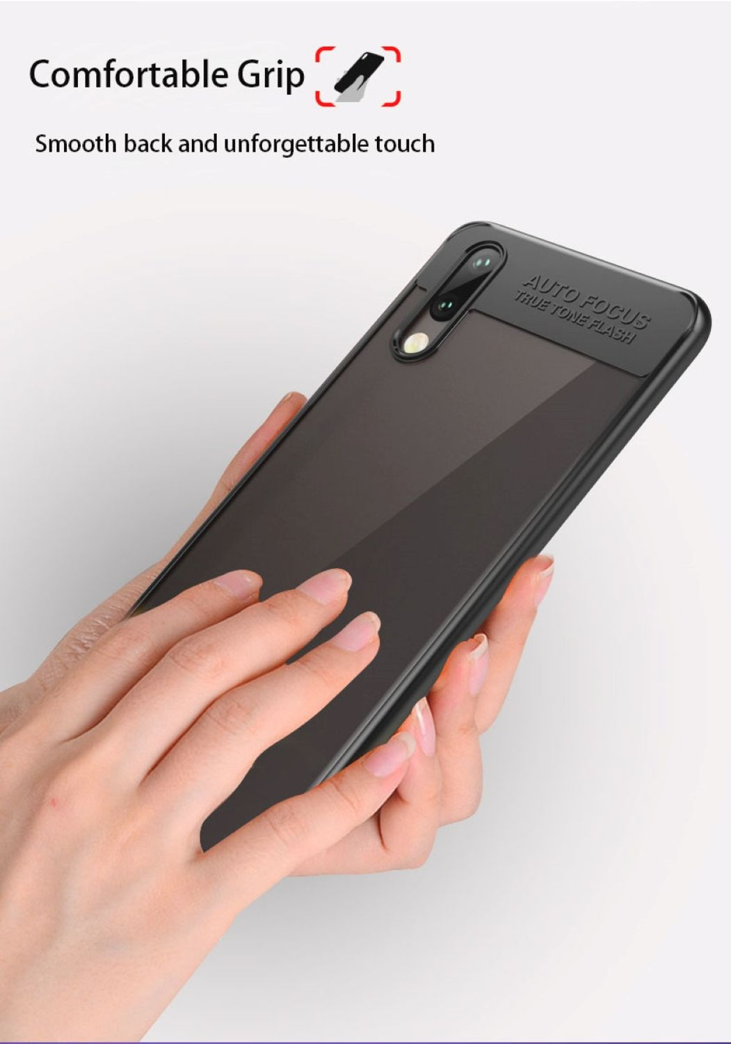 Hand hält ein schwarzes Telefon mit Hülle. Das Telefon hat eine Kamera und eine Glasrückseite. Der Hintergrund ist verschwommen.