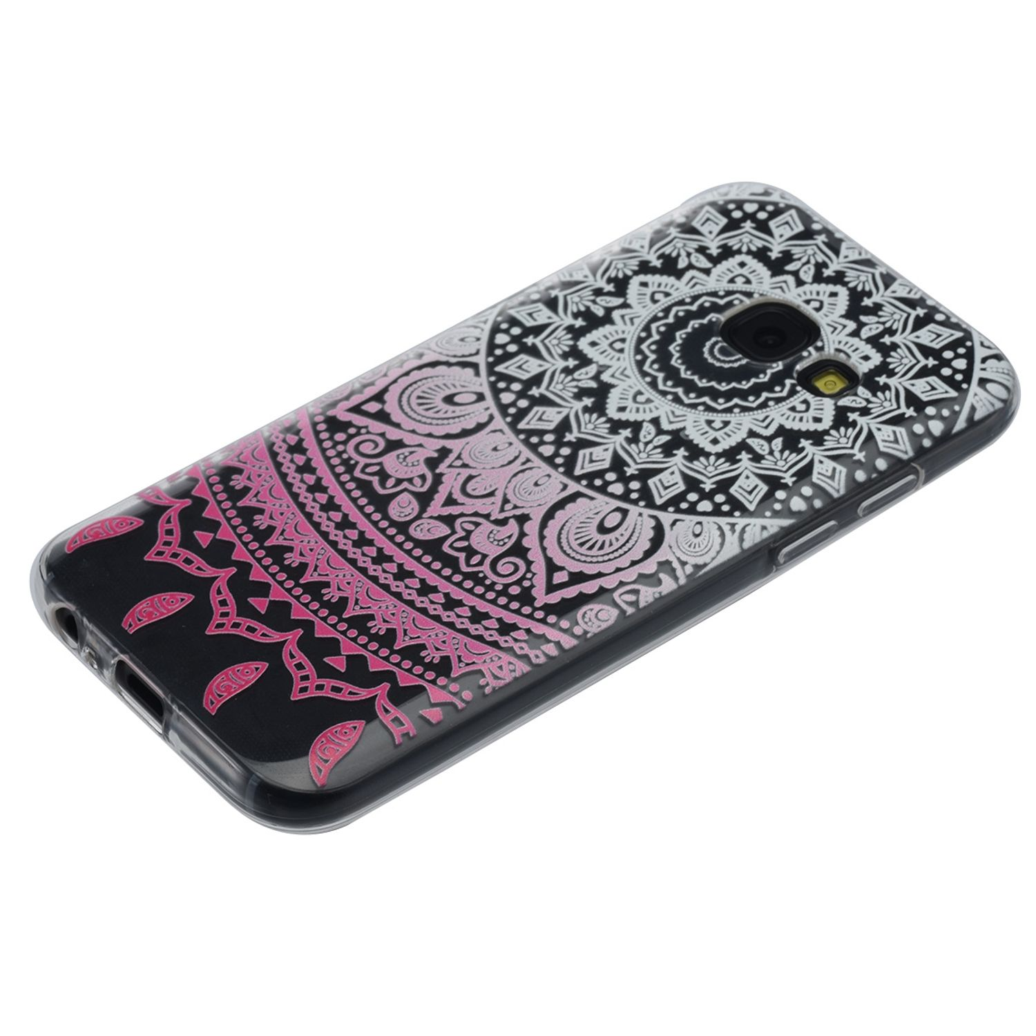 Handyhülle mit einem schwarz-rosa Mandala-Design. Die Hülle liegt auf einer weißen Oberfläche.