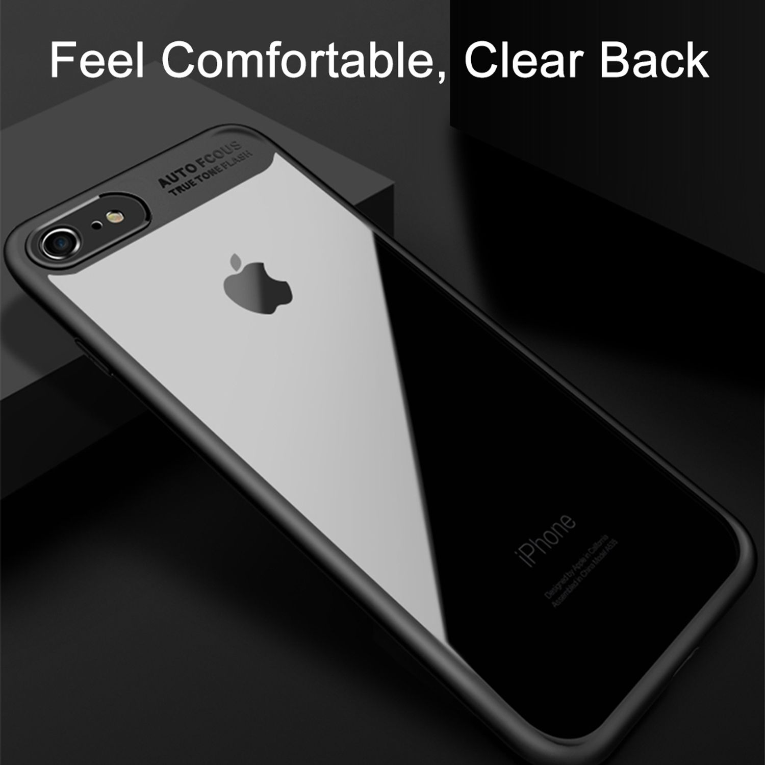 Schwarze Handyhülle mit klarer Rückseite. Das Telefon zeigt das Apple-Logo und "iPhone".