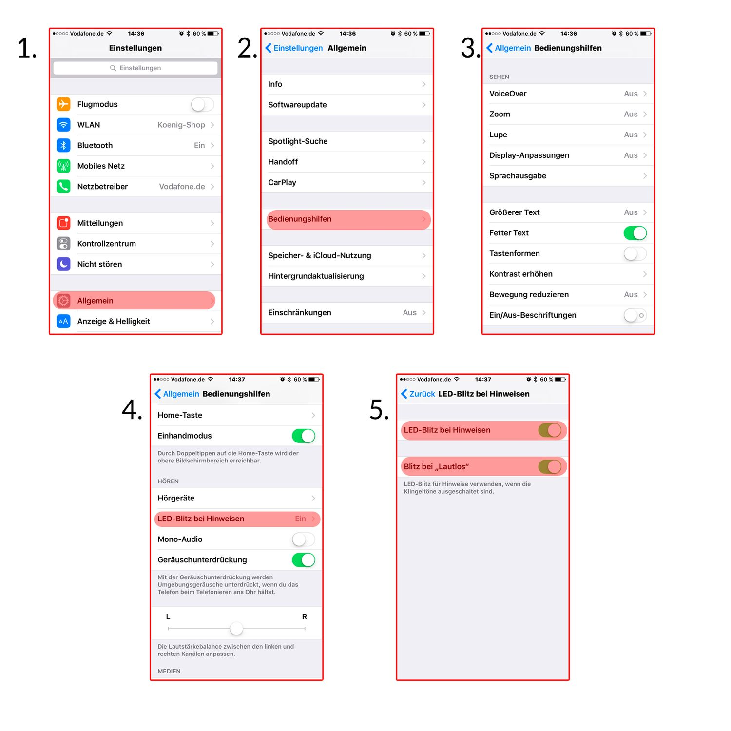 Mehrere iPhone-Screenshots zeigen Einstellungen, Dark Mode und LED-Blitz.