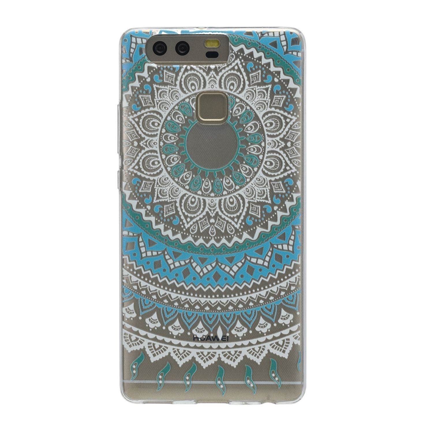 Handyhülle mit Mandala-Design. Die Hülle ist transparent mit blauen und weißen Mustern auf weißem Hintergrund.