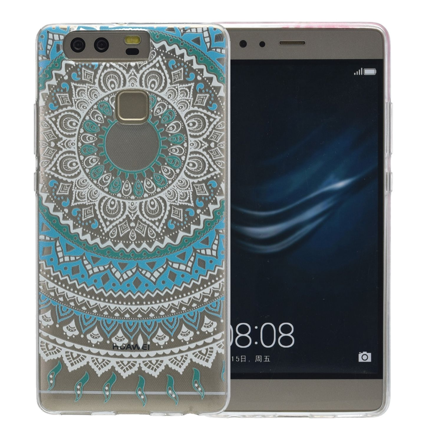Handyhülle mit Mandala-Design auf der Rückseite. Telefon befindet sich rechts.