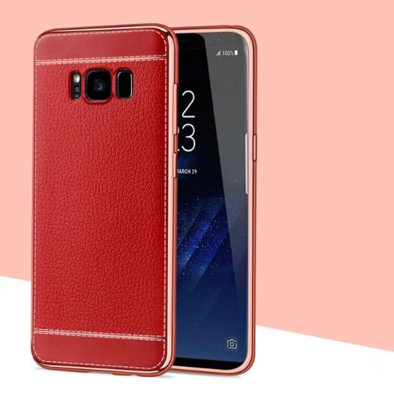 Rote Leder-Handyhülle mit weißen Nähten. Das Telefon im Inneren ist sichtbar.